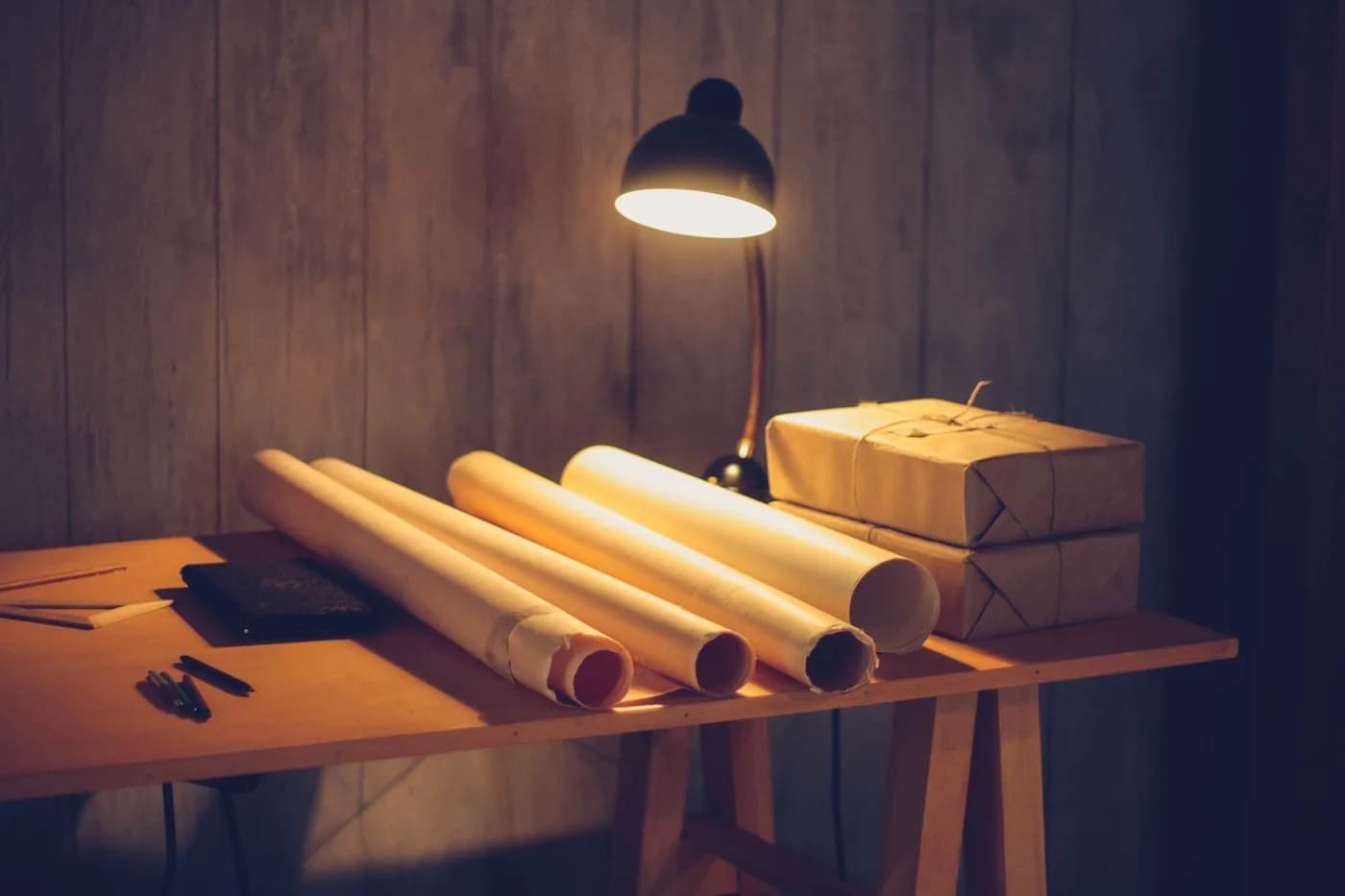 Architectural drawings on a desk