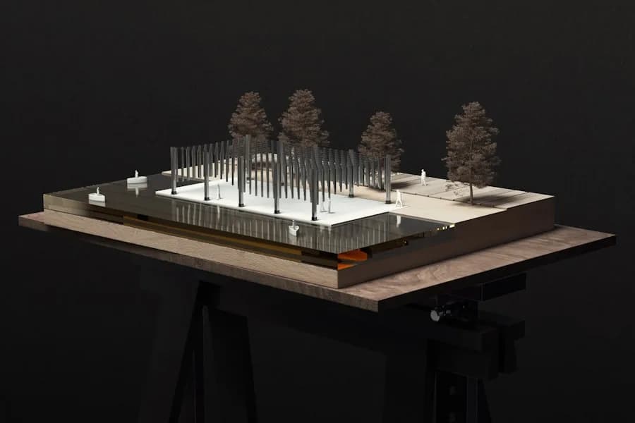 Architectural model and plans on a desk