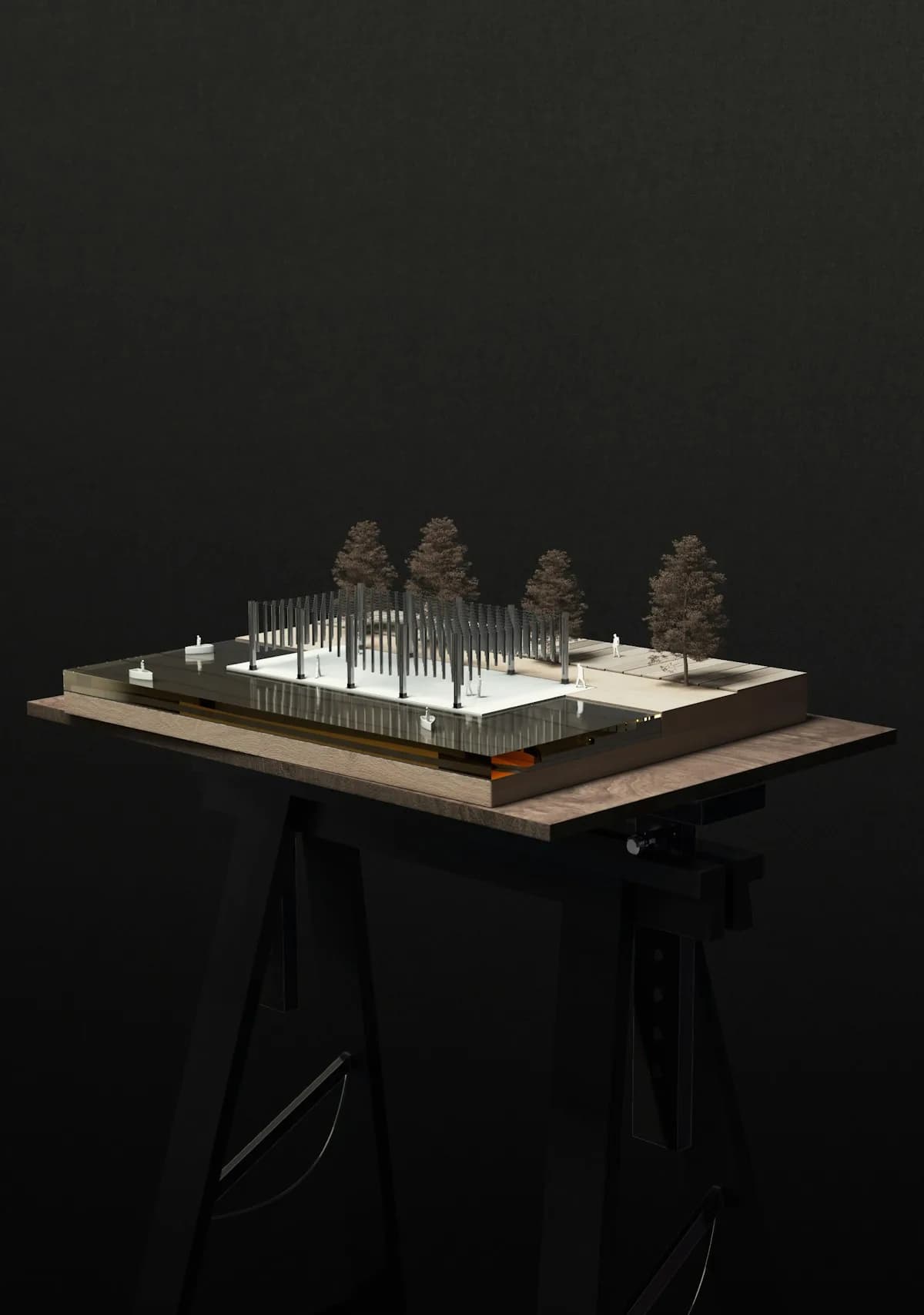 Architectural model and plans on a desk