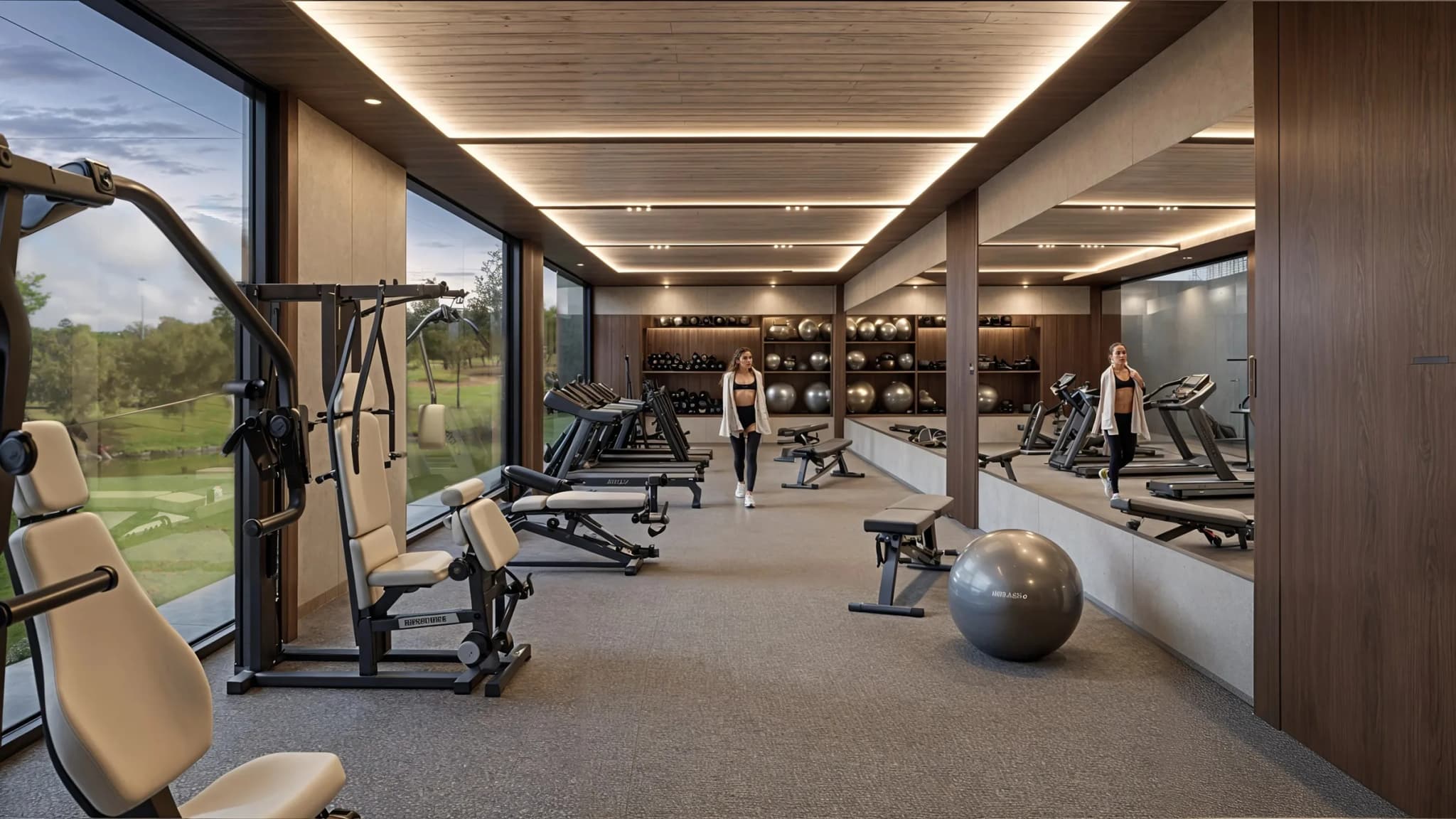 Gimnasio con ventanales hacia el campo de golf
