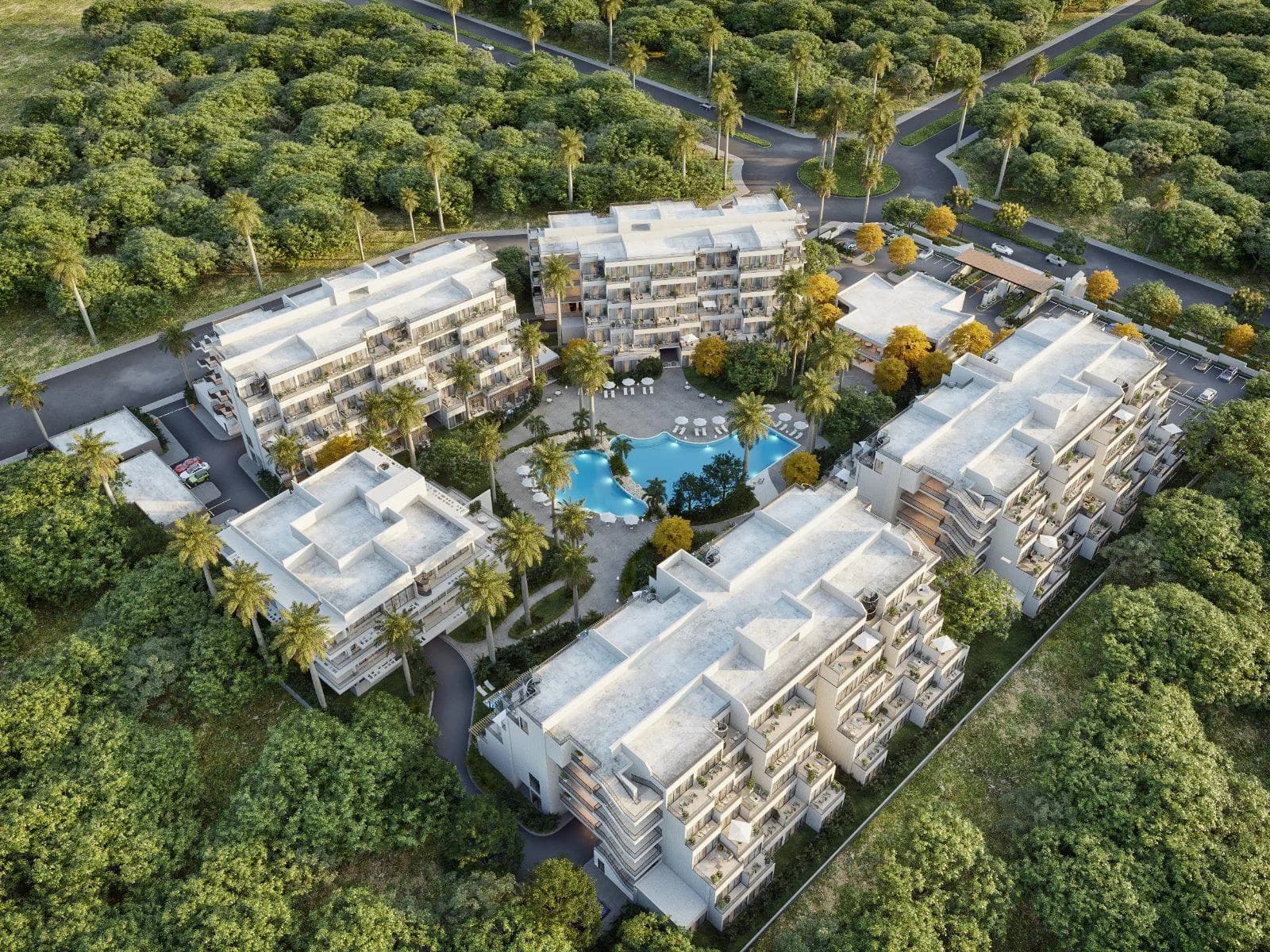 Aerial view of La Vista, with the buildings around the central pool