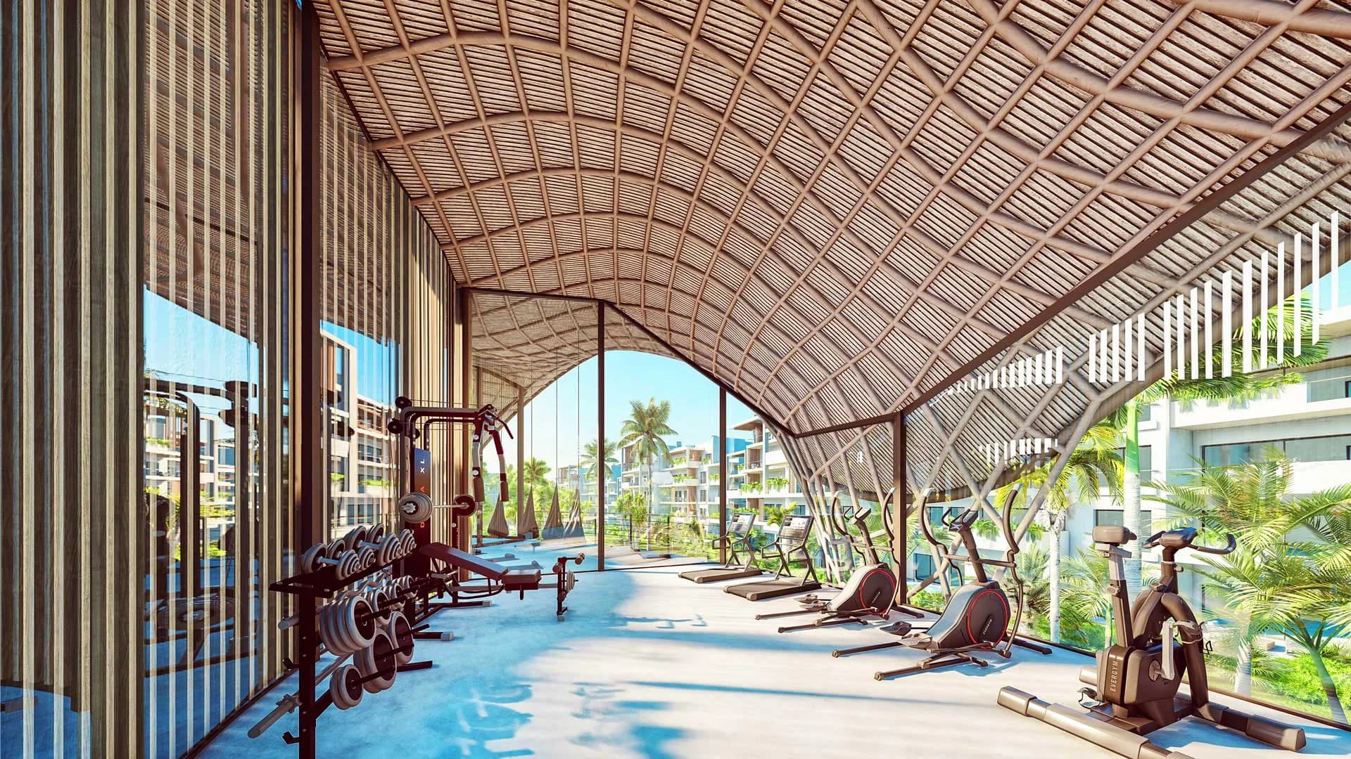Gym under a woven timber roof, open to the gardens