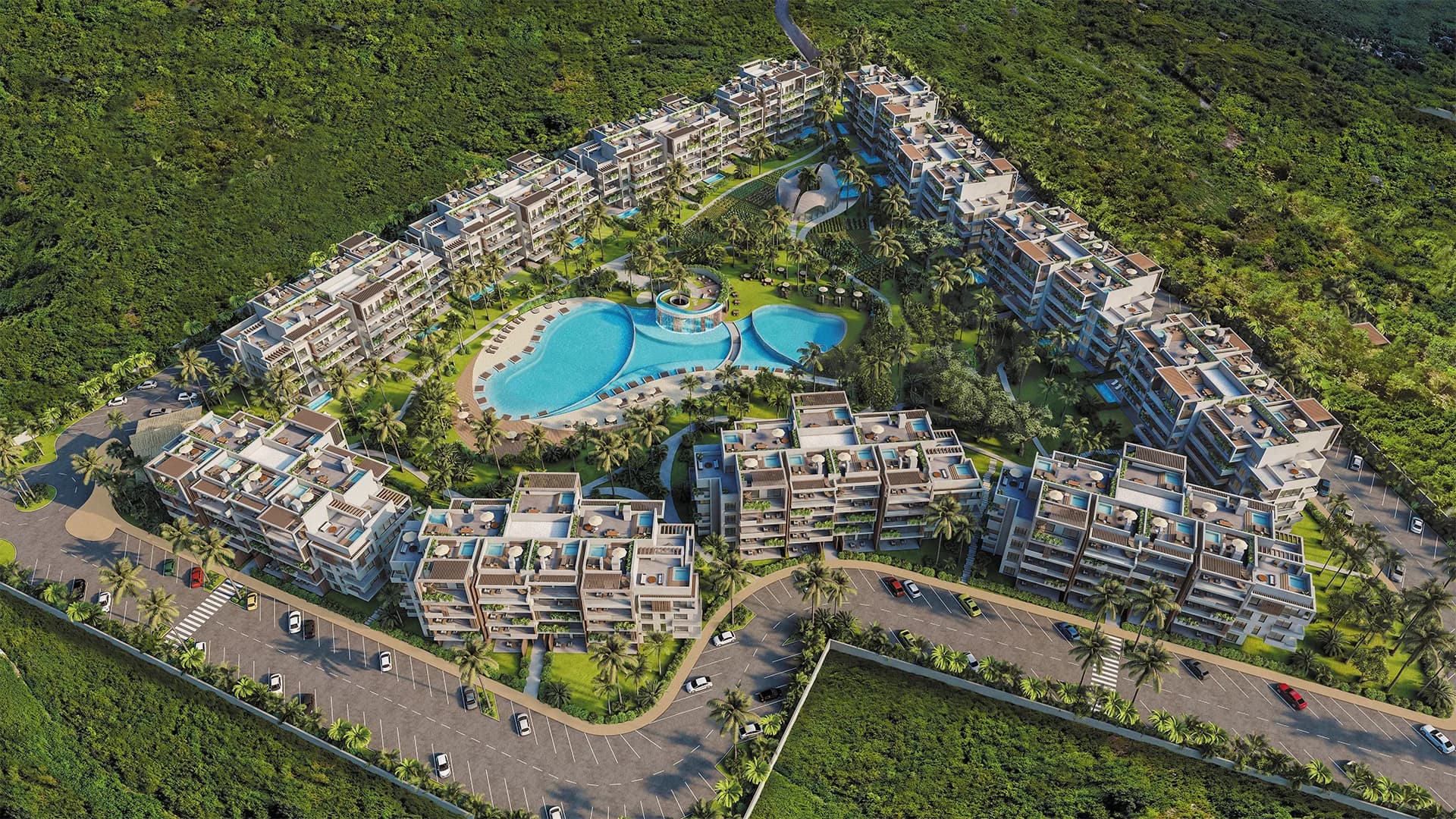 Aerial view of The Seed, with the apartment blocks set around the pools and gardens