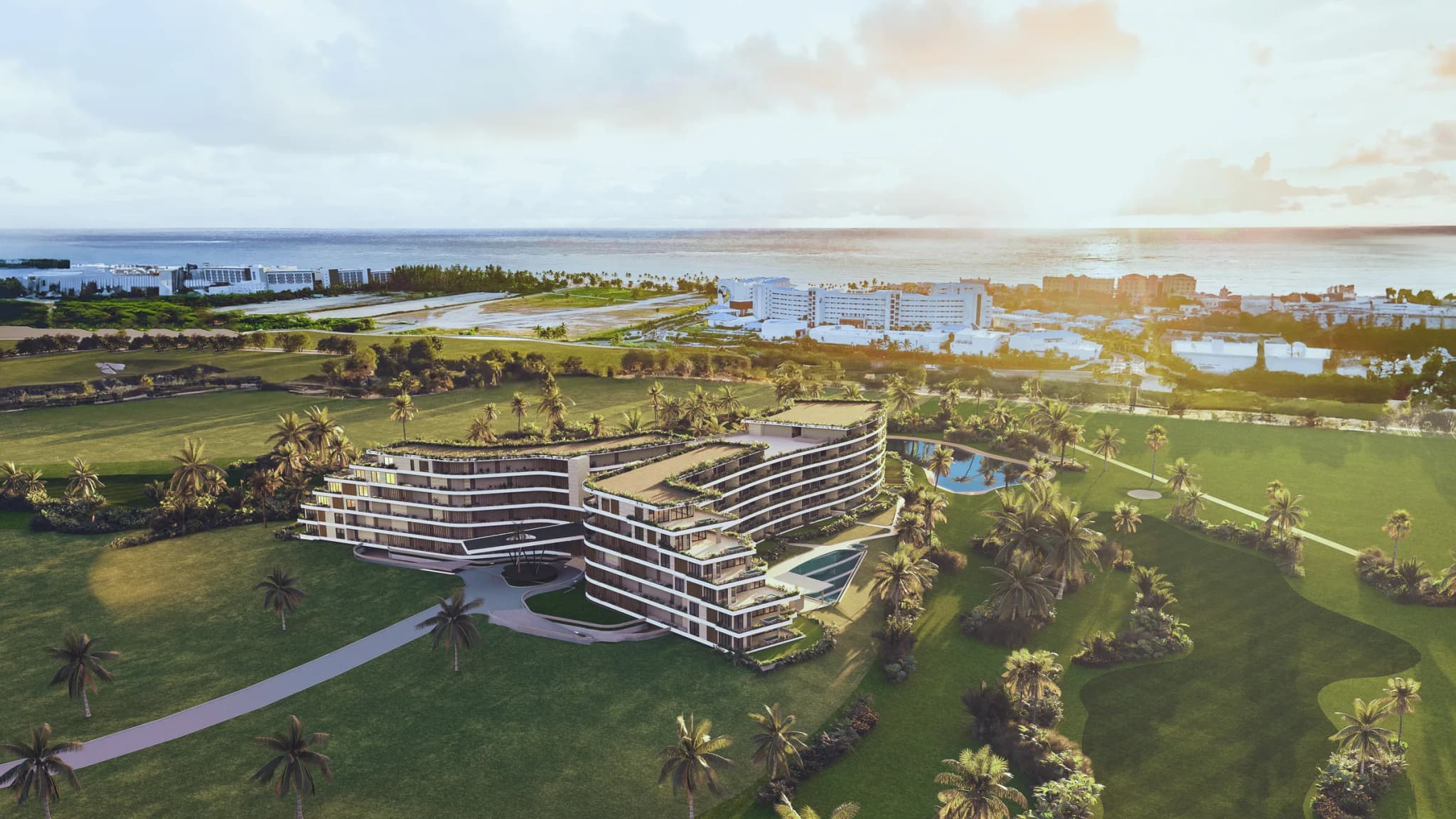 Vista aérea de Bonita Golf entre el campo de golf, con el mar de Cap Cana al fondo
