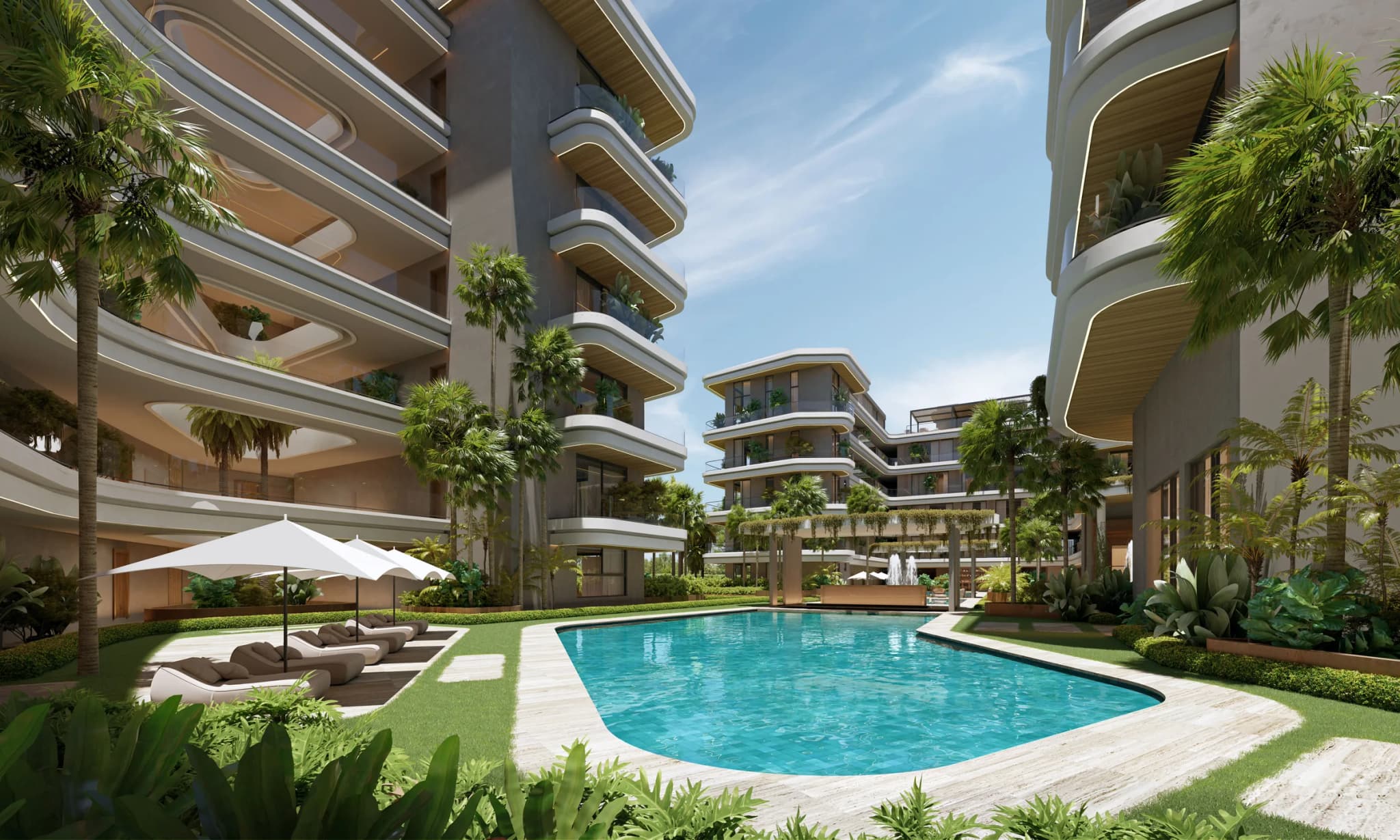 Pool and lounger area in the central garden
