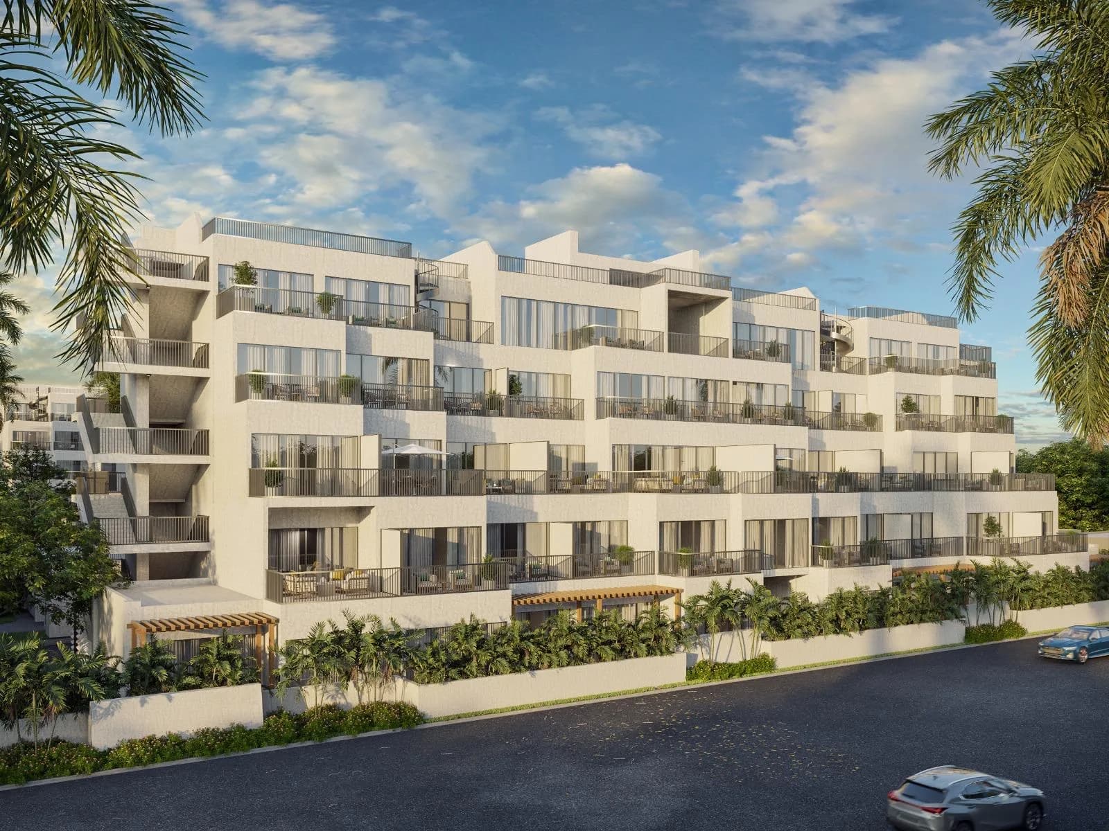 Stepped facade of one of the buildings, with terraces on every floor