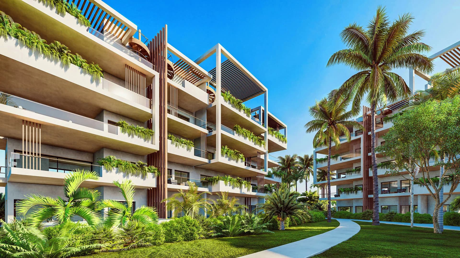 Five-storey blocks among palm trees and gardens