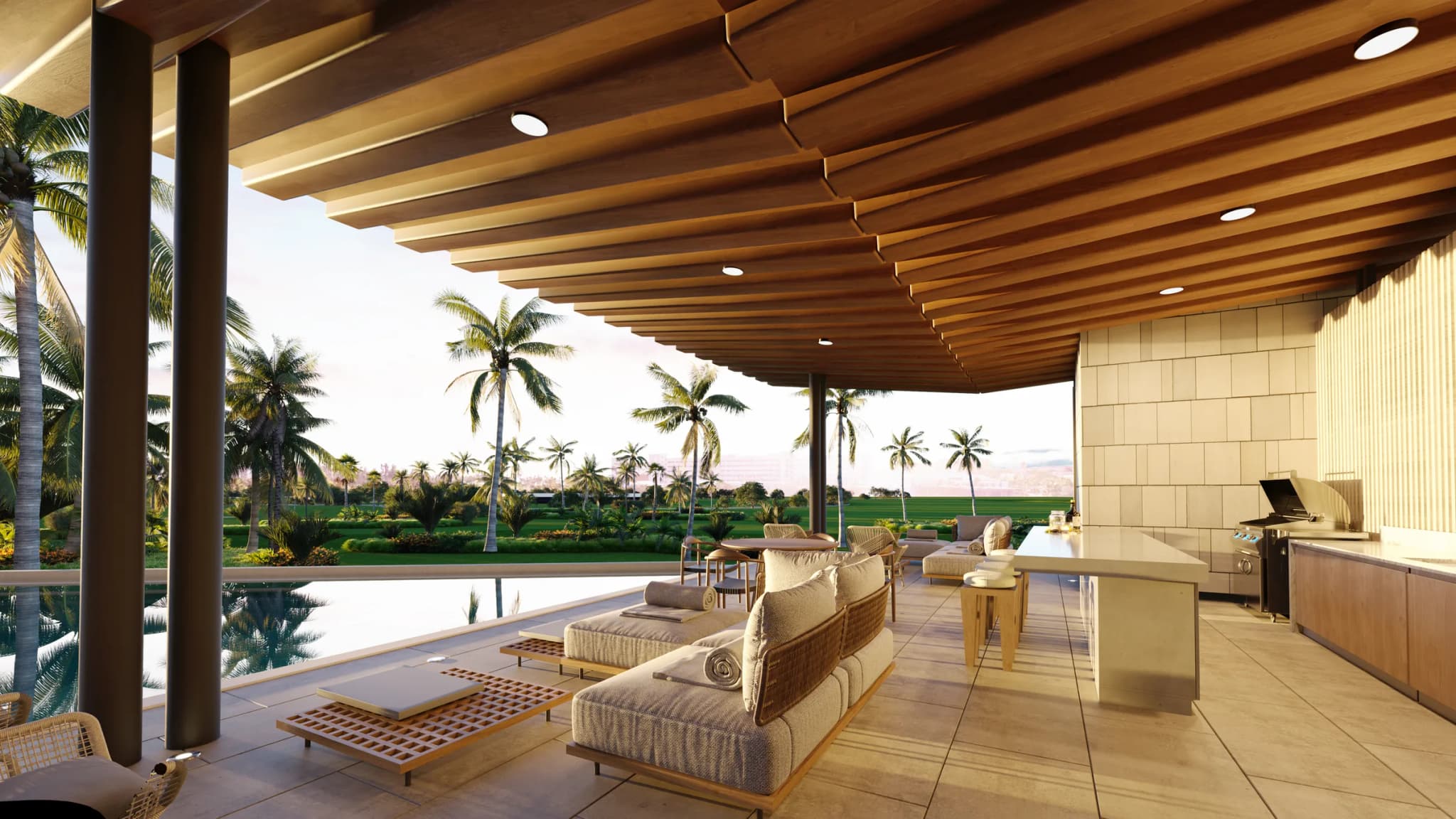 Gazebo con cocina exterior y barbacoa junto a la piscina