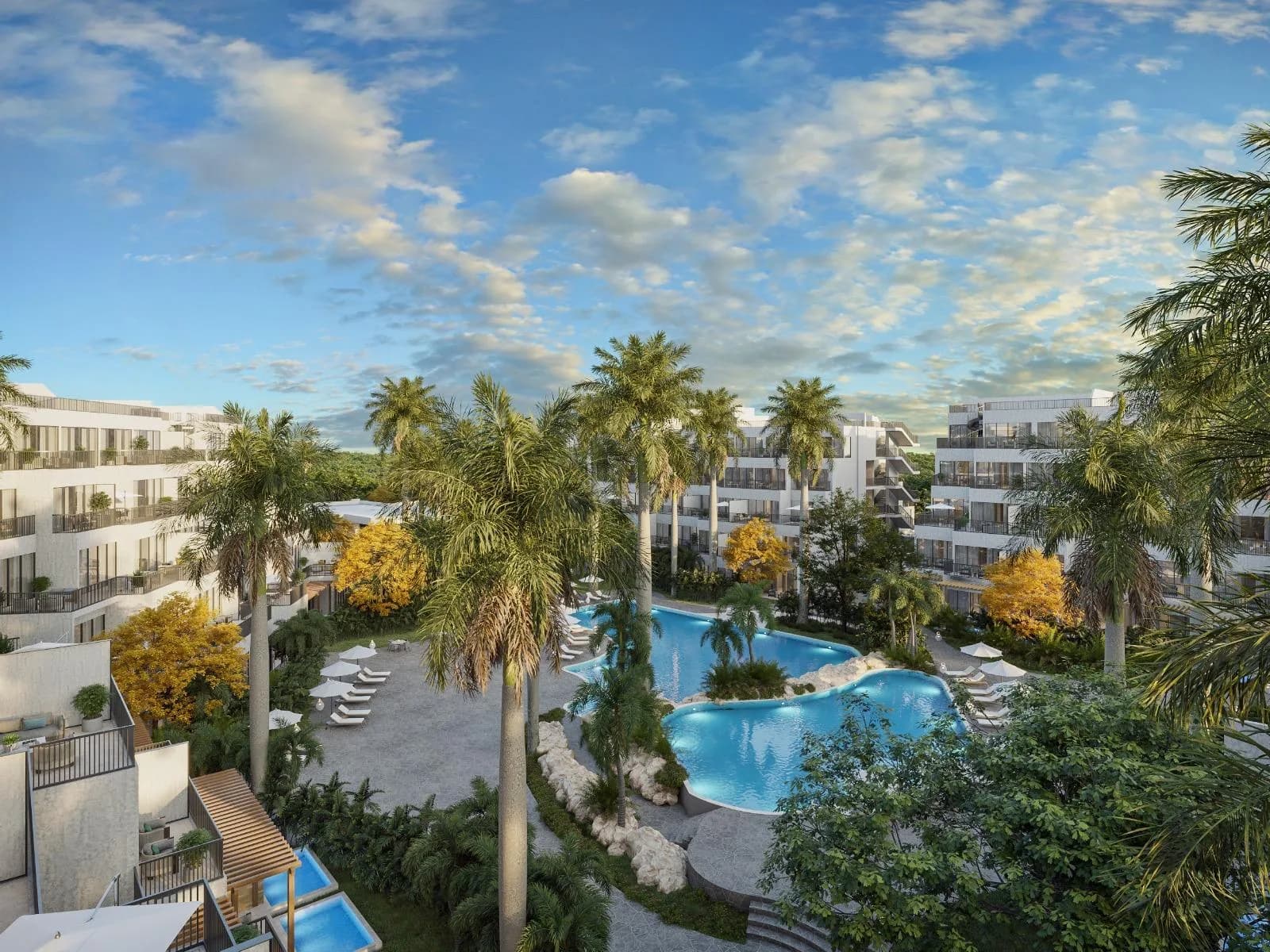 Gardens and pool between the buildings