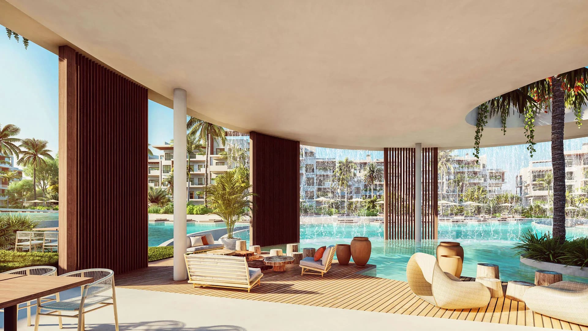 Covered lounge and wooden deck over the pool