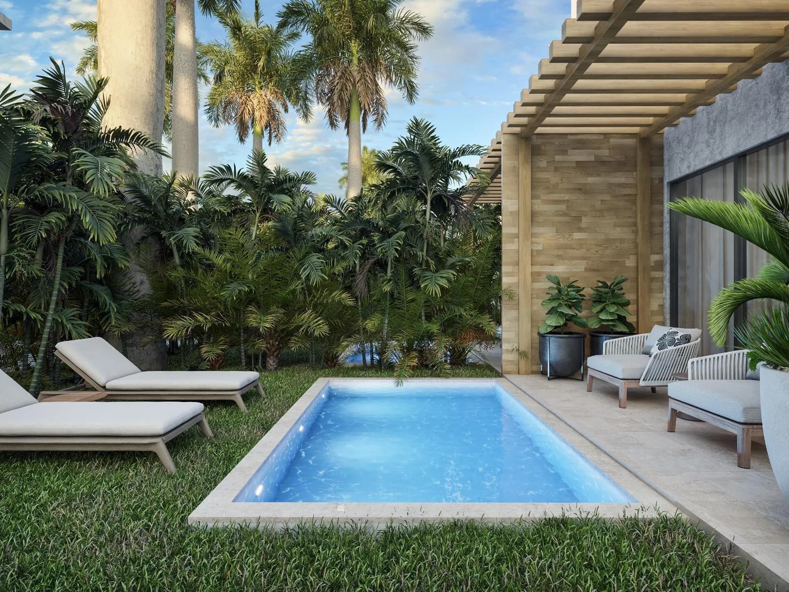 Patio with a private pool in a ground-floor apartment