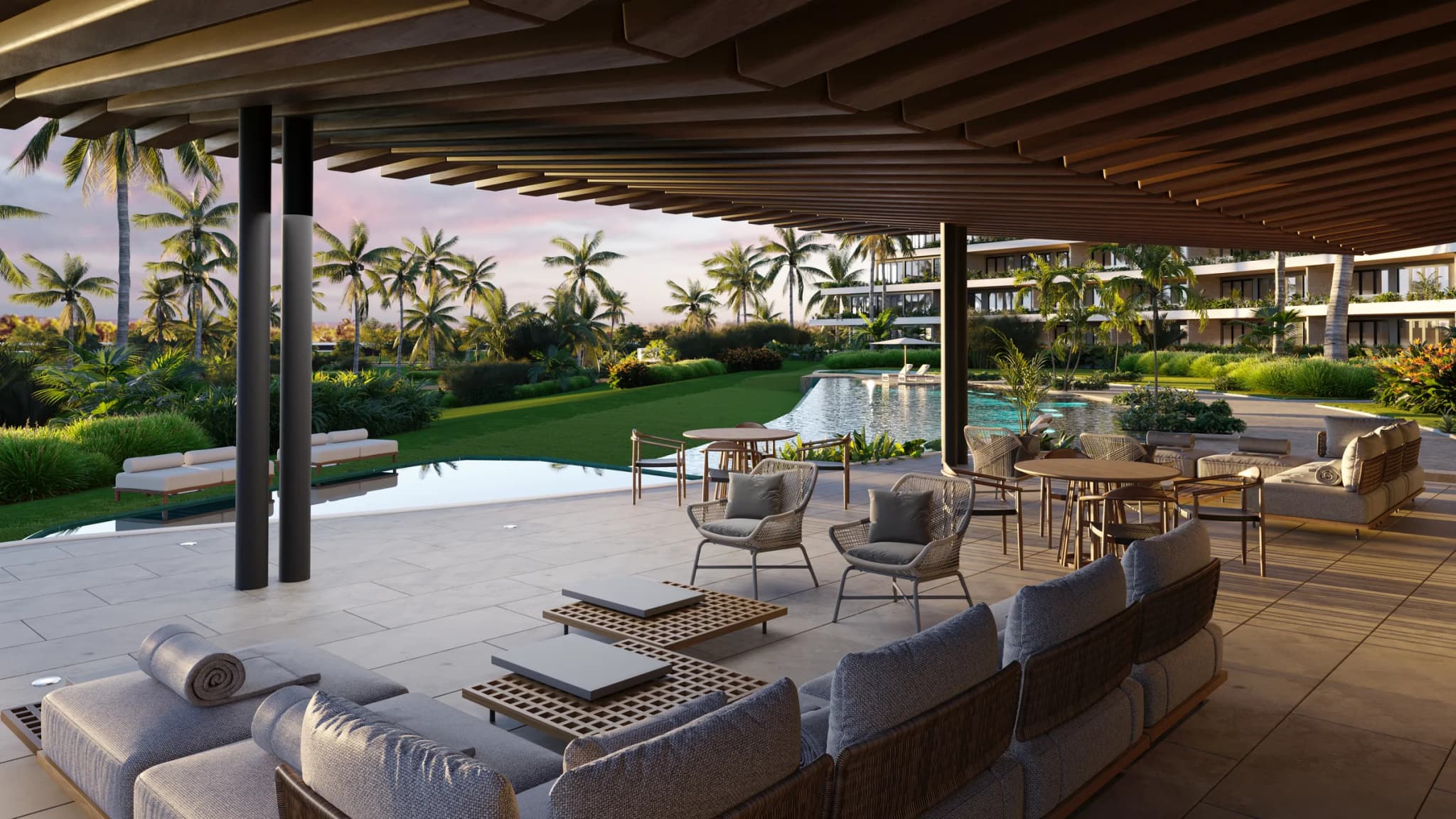 Lounge bajo el gazebo, abierto a la piscina