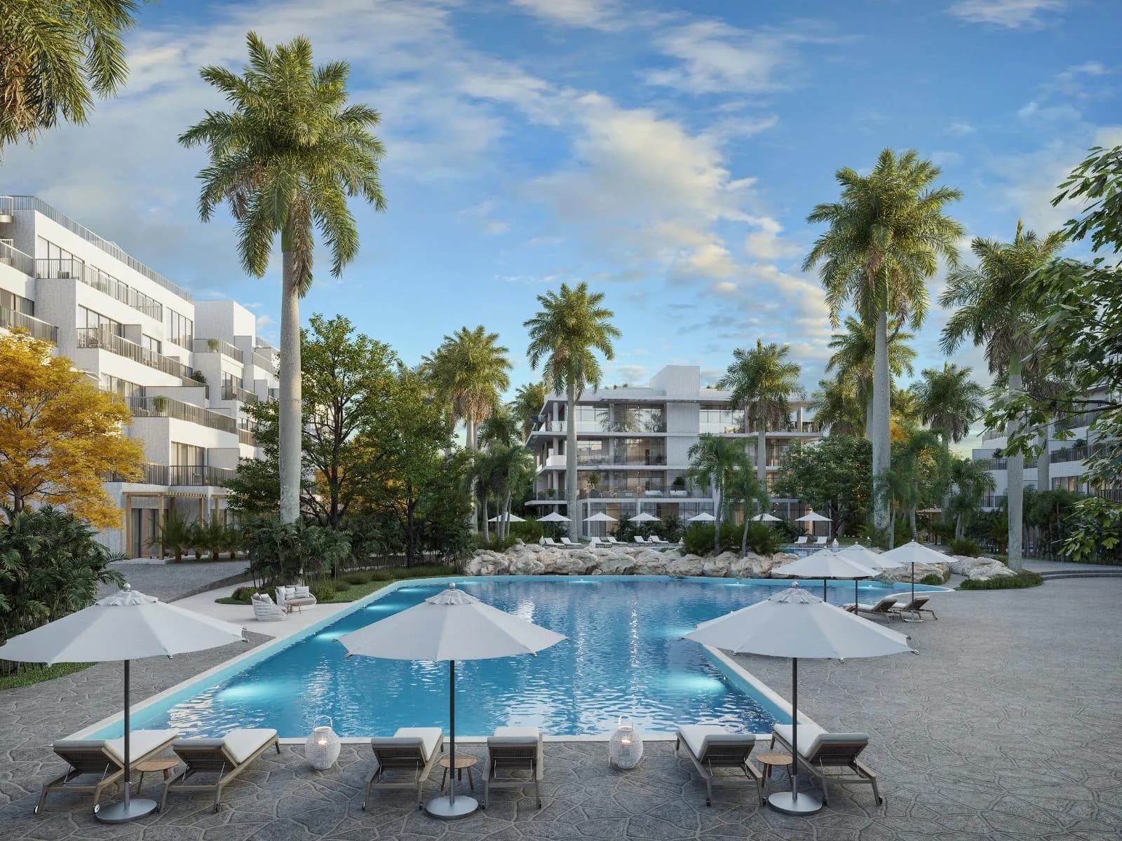 Social-area pool with loungers and parasols