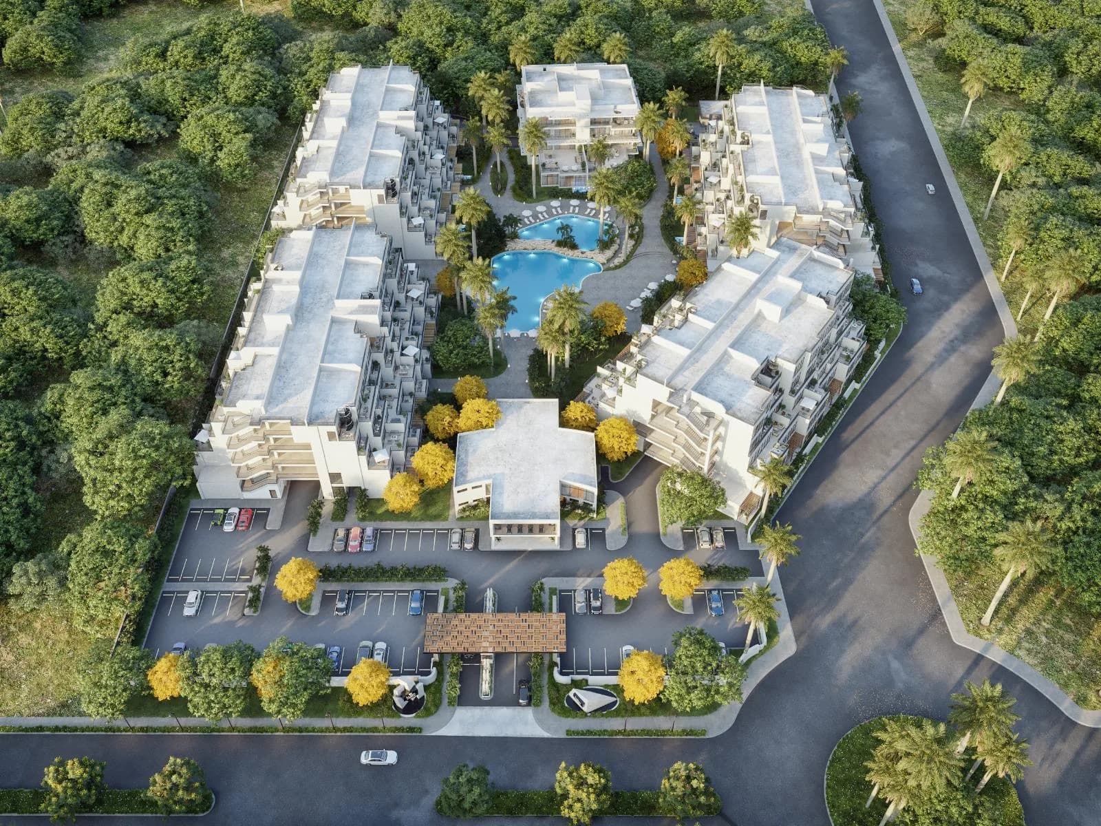 The development from above, with the entrance and parking