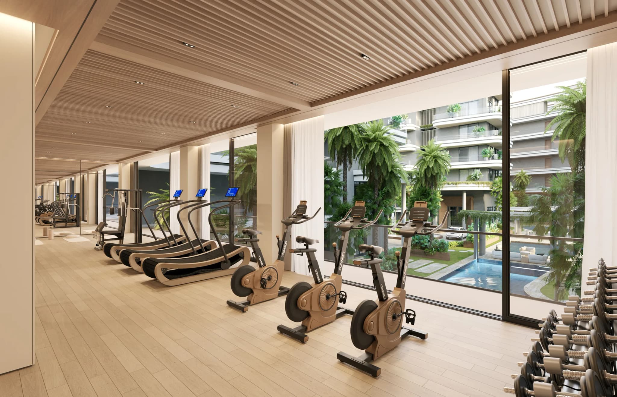 Gym overlooking the central garden