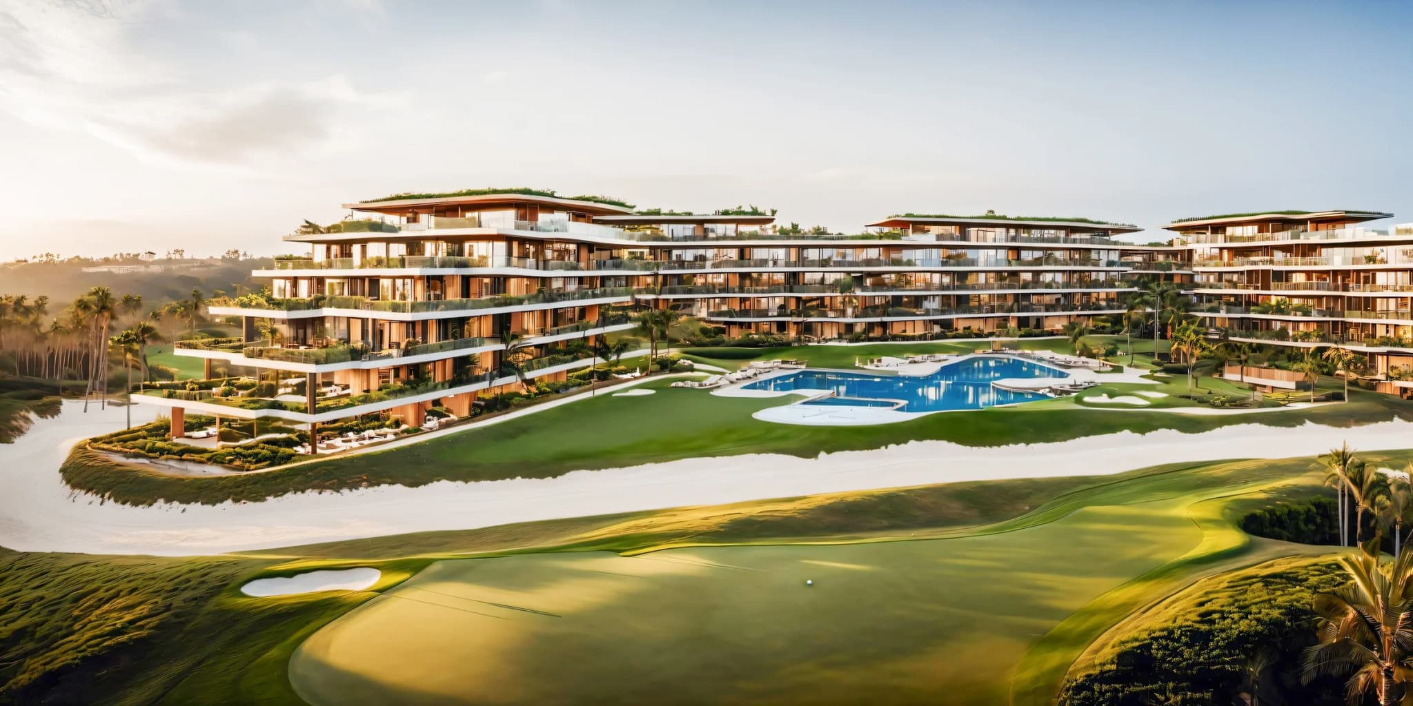Terrazas escalonadas y piscina sobre el green al atardecer