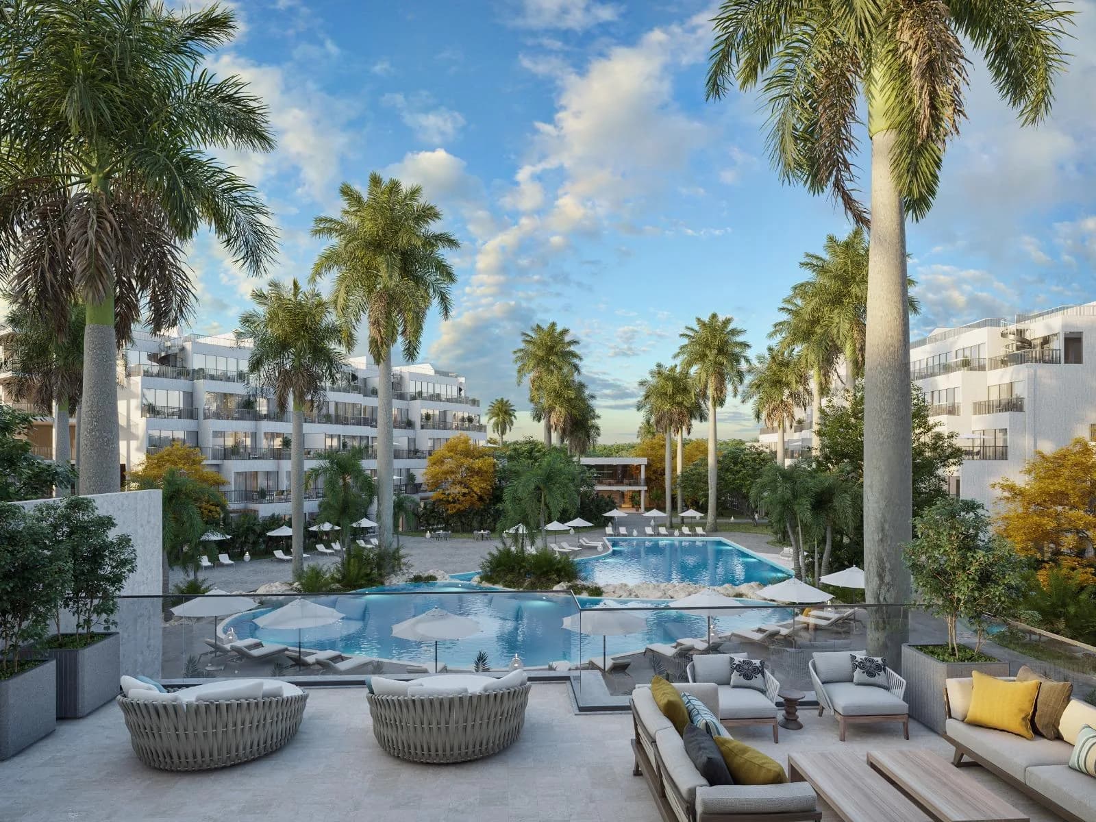 Lounge terrace above the pool, among palm trees