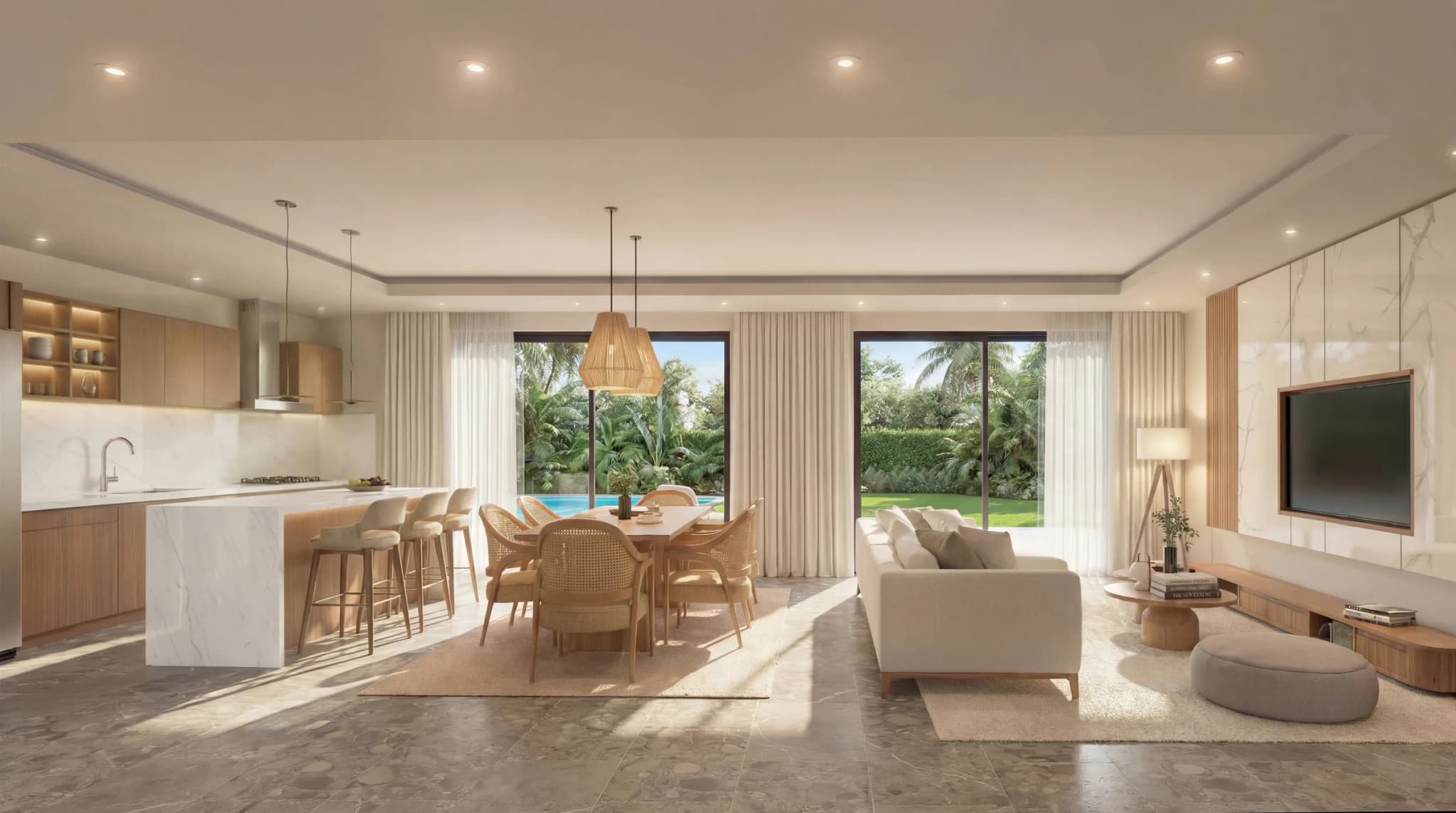 Vista frontal de la planta baja: cocina con isla, comedor y sala