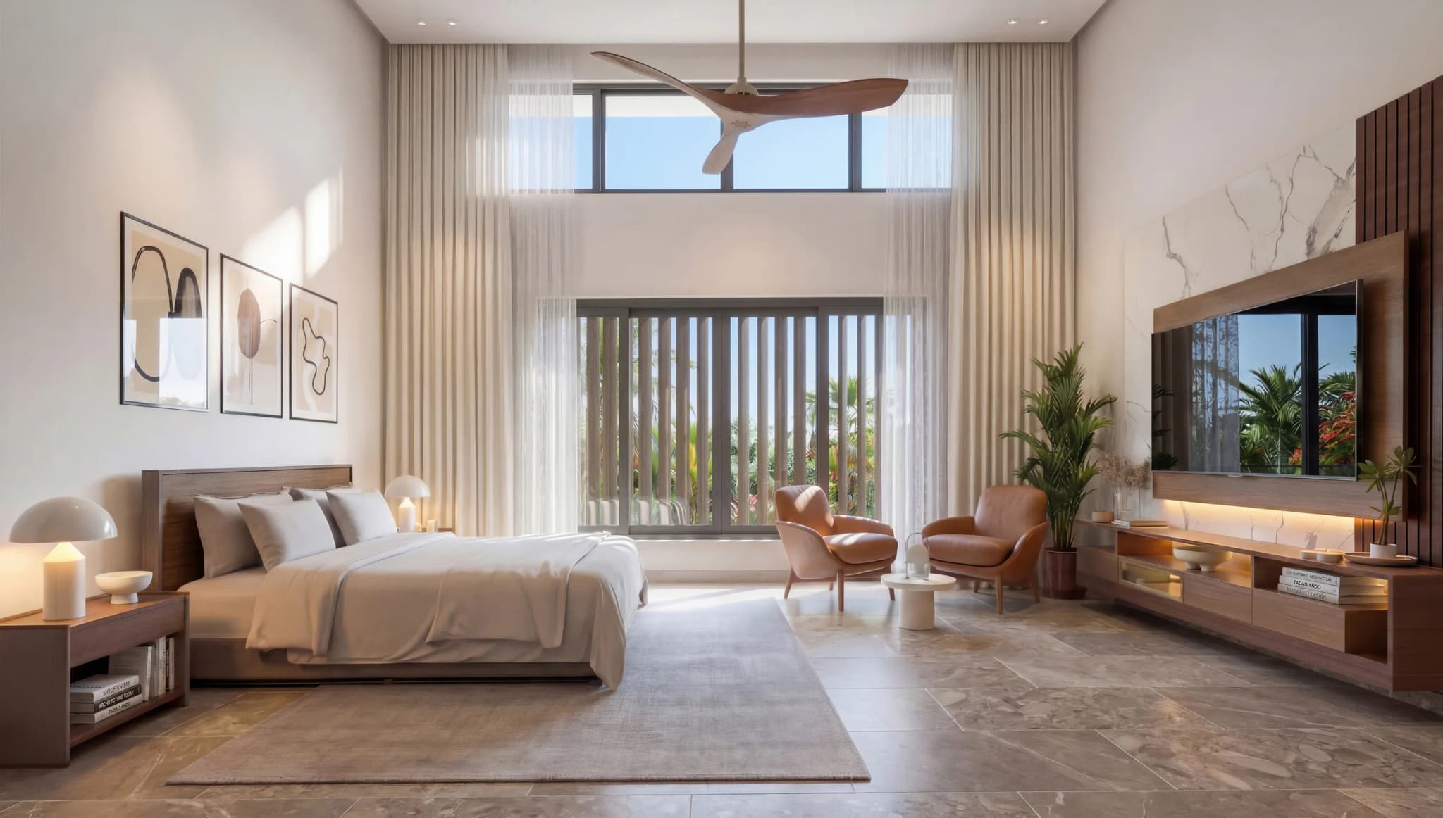 Habitación principal a doble altura con ventilador de techo y zona de estar
