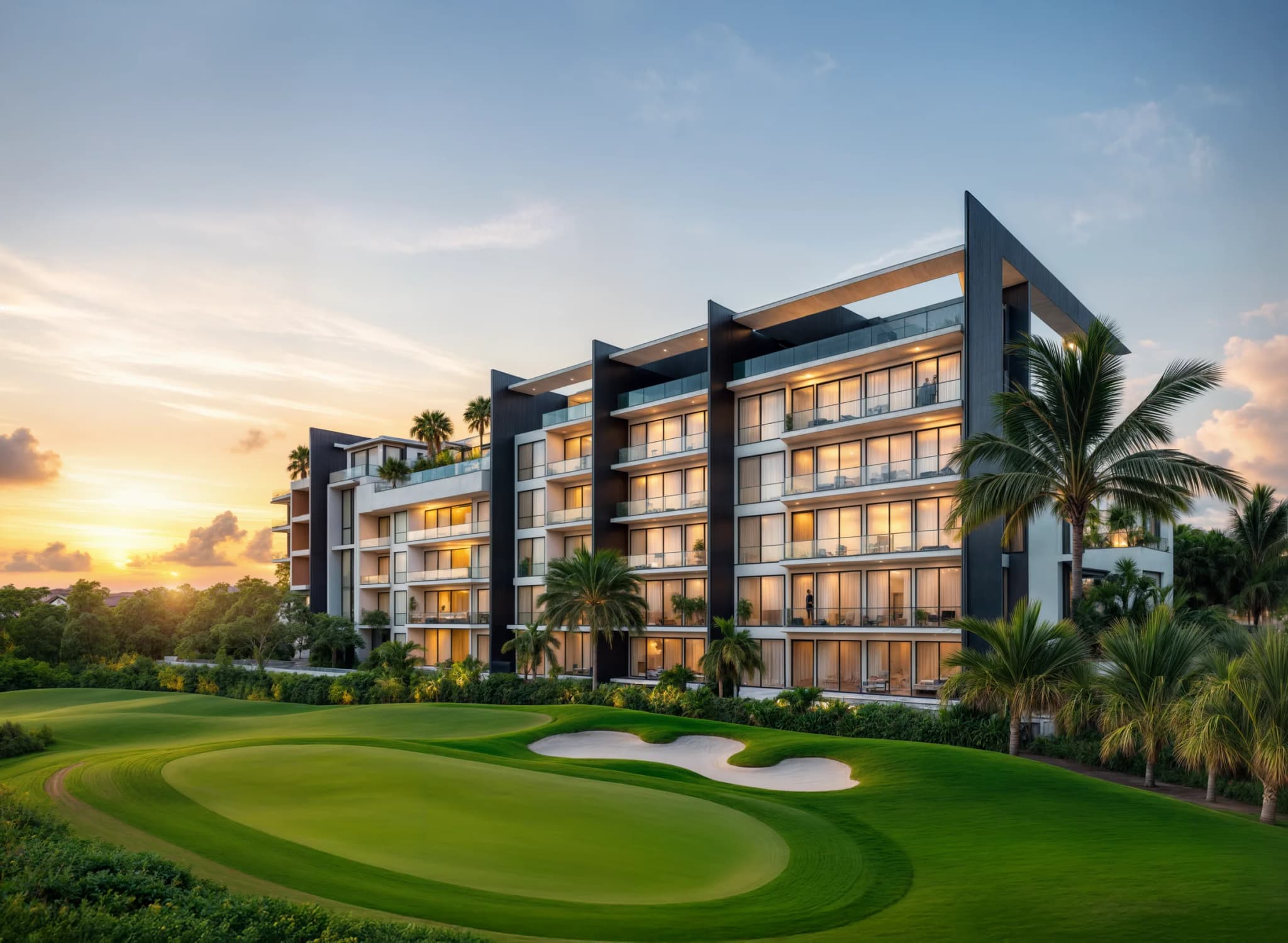 El edificio iluminado al atardecer, visto desde un green del campo de golf