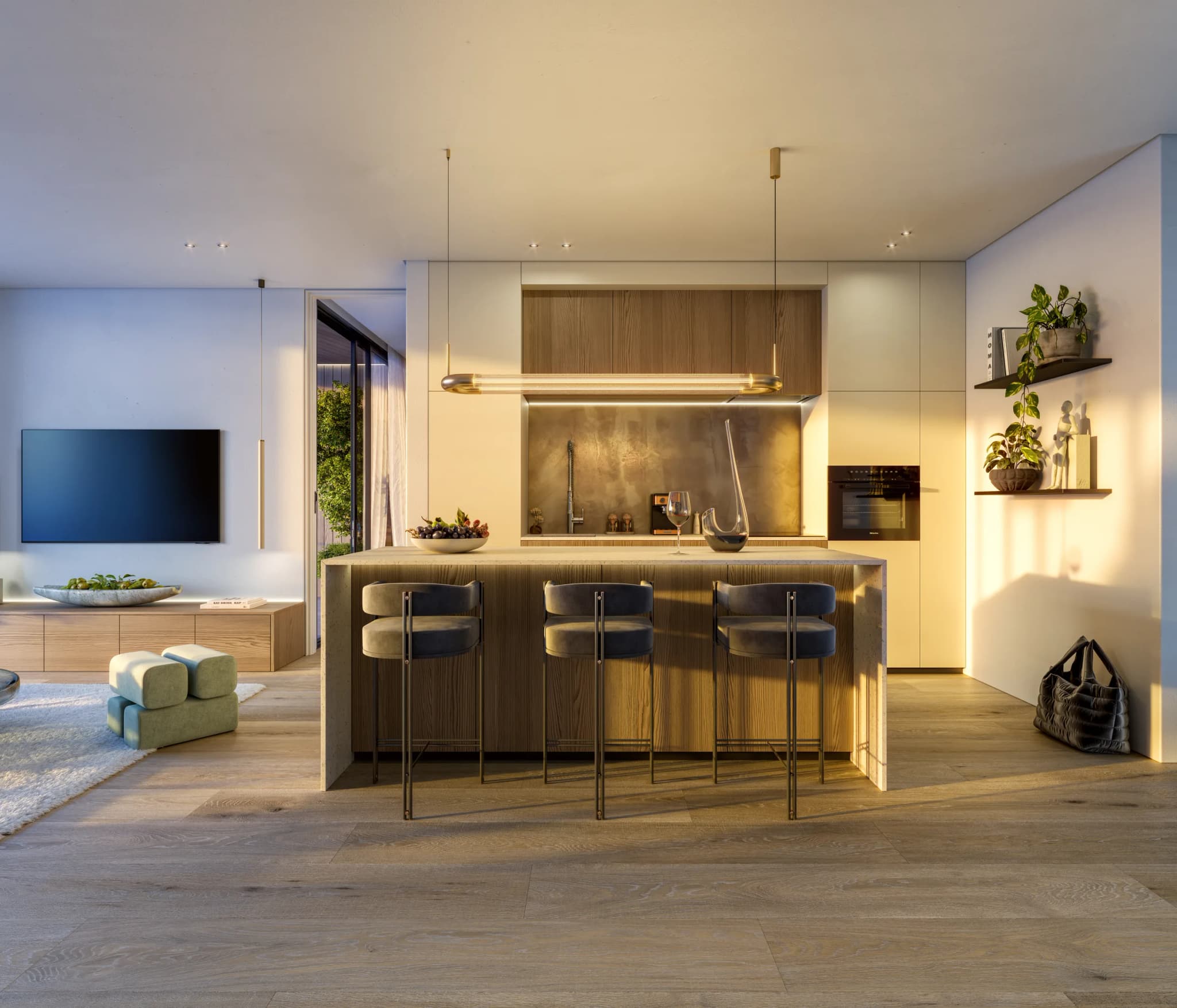 Cocina con isla y taburetes