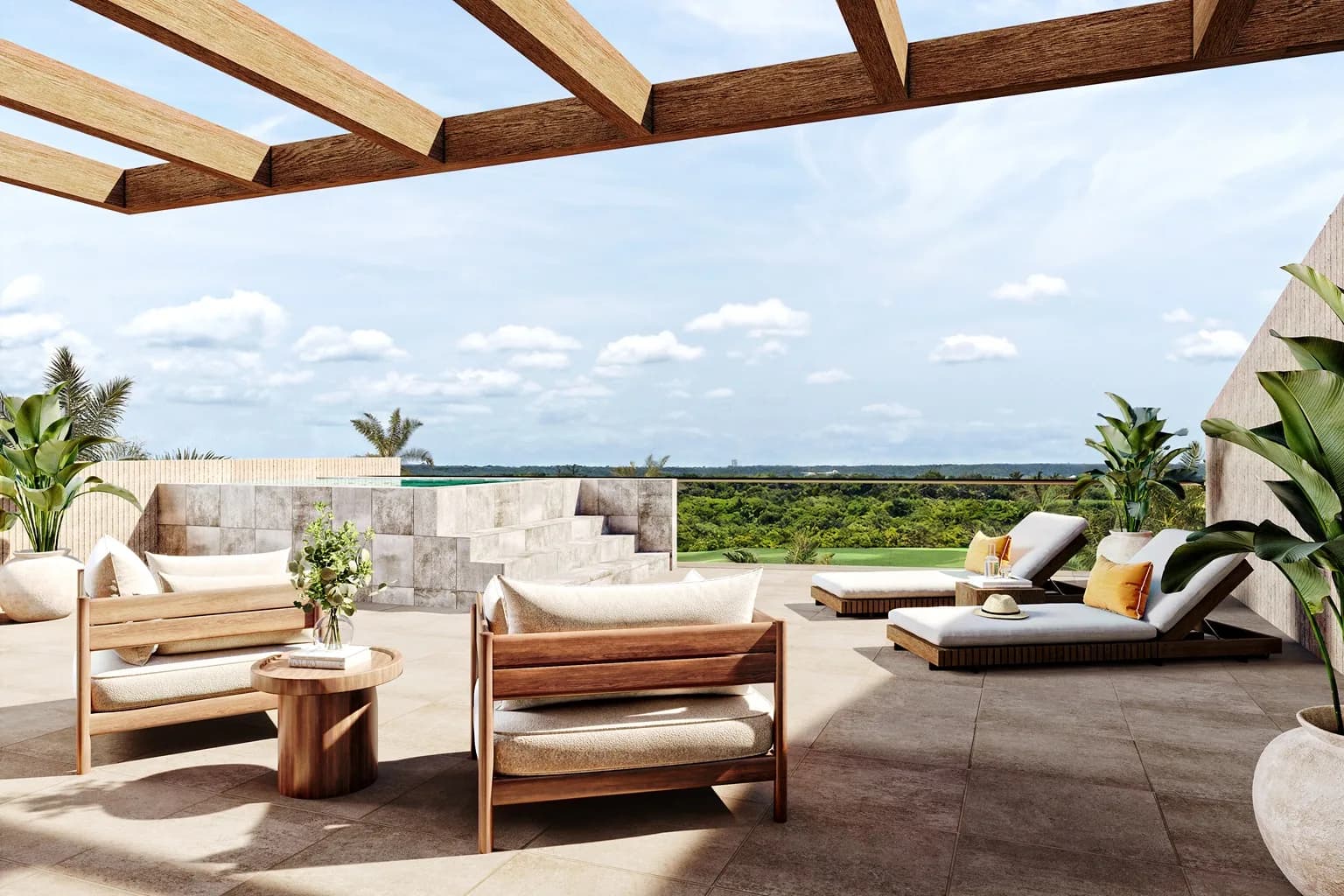 Terraza de un penthouse bajo pérgola, con camastros y vista al campo de golf