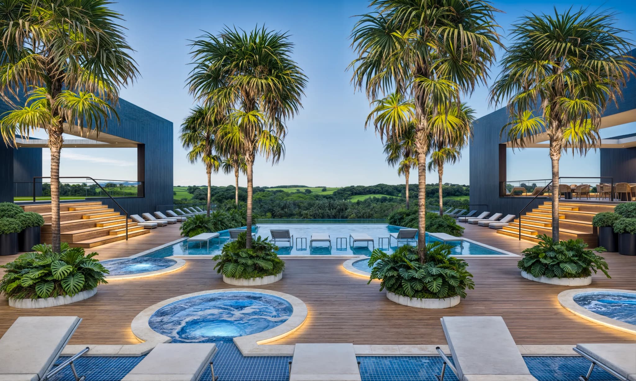 Deck de madera con jacuzzis junto a la piscina, abierto hacia el campo de golf