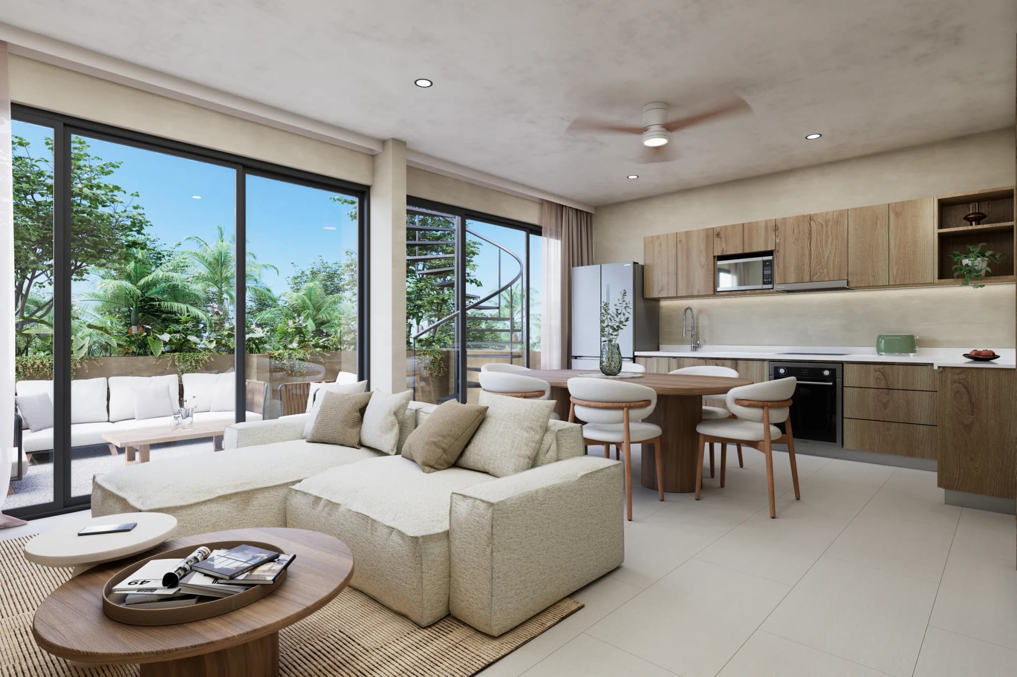 Living room and kitchen of a Duplex Roof, with large windows onto the terrace and the spiral stair up to the rooftop