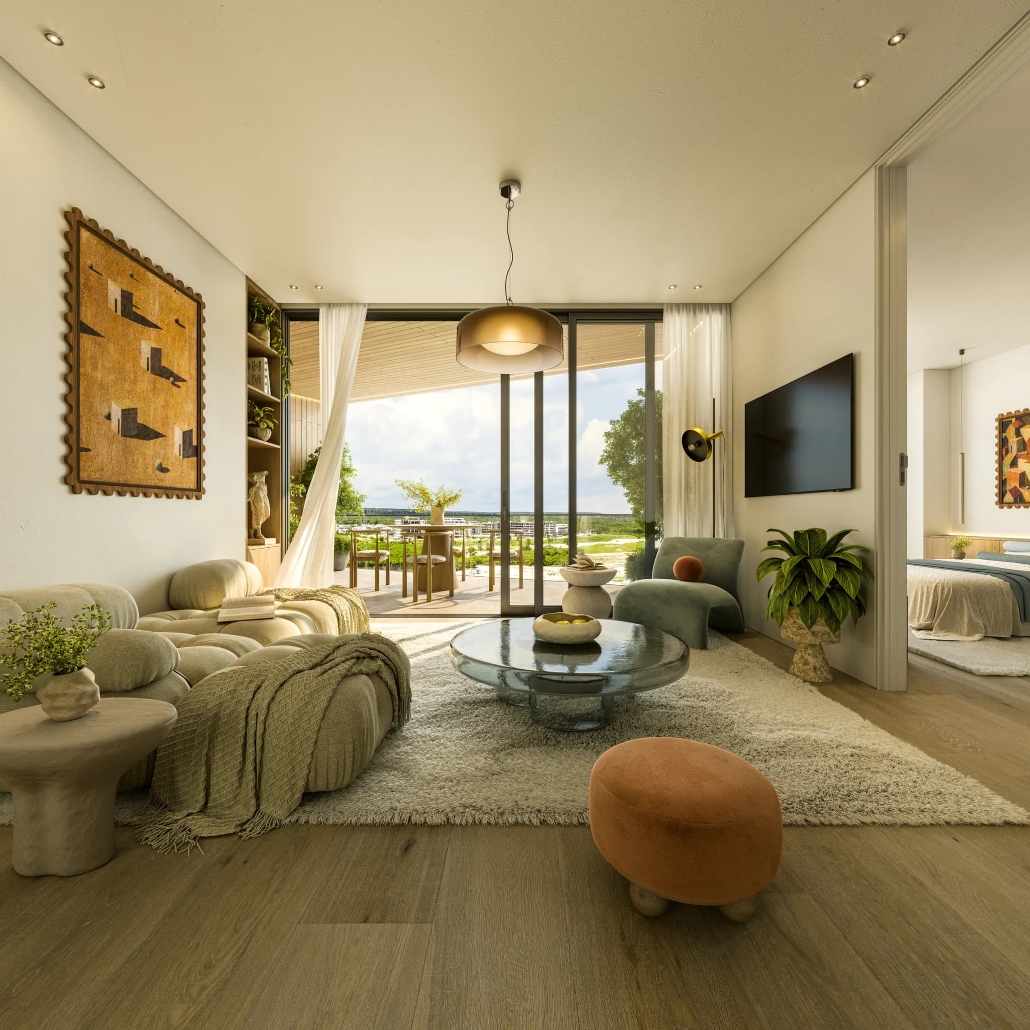 Sala abierta a la terraza, con el dormitorio al fondo