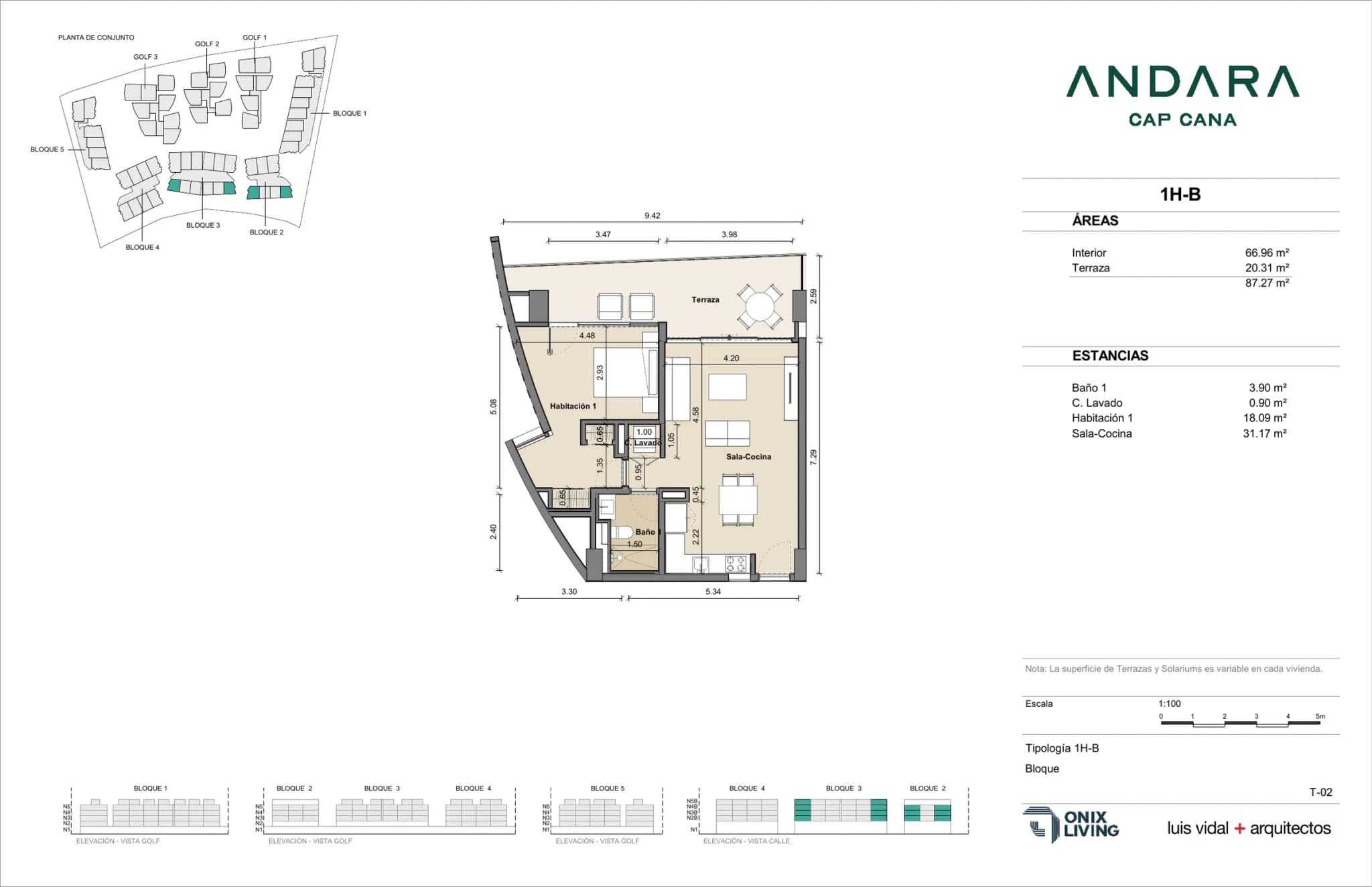 Plano tipo de 1 Dormitorio · 1H-B en Andara