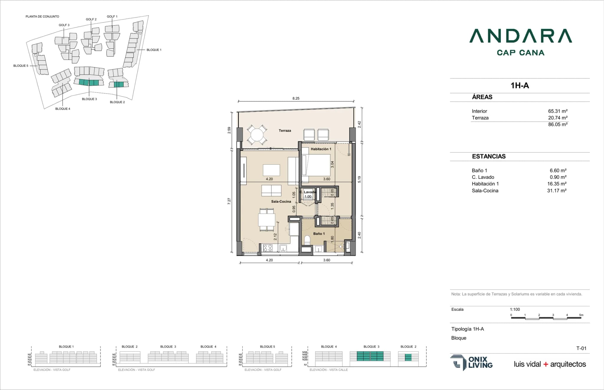 Plano tipo de 1 Dormitorio · 1H-A en Andara