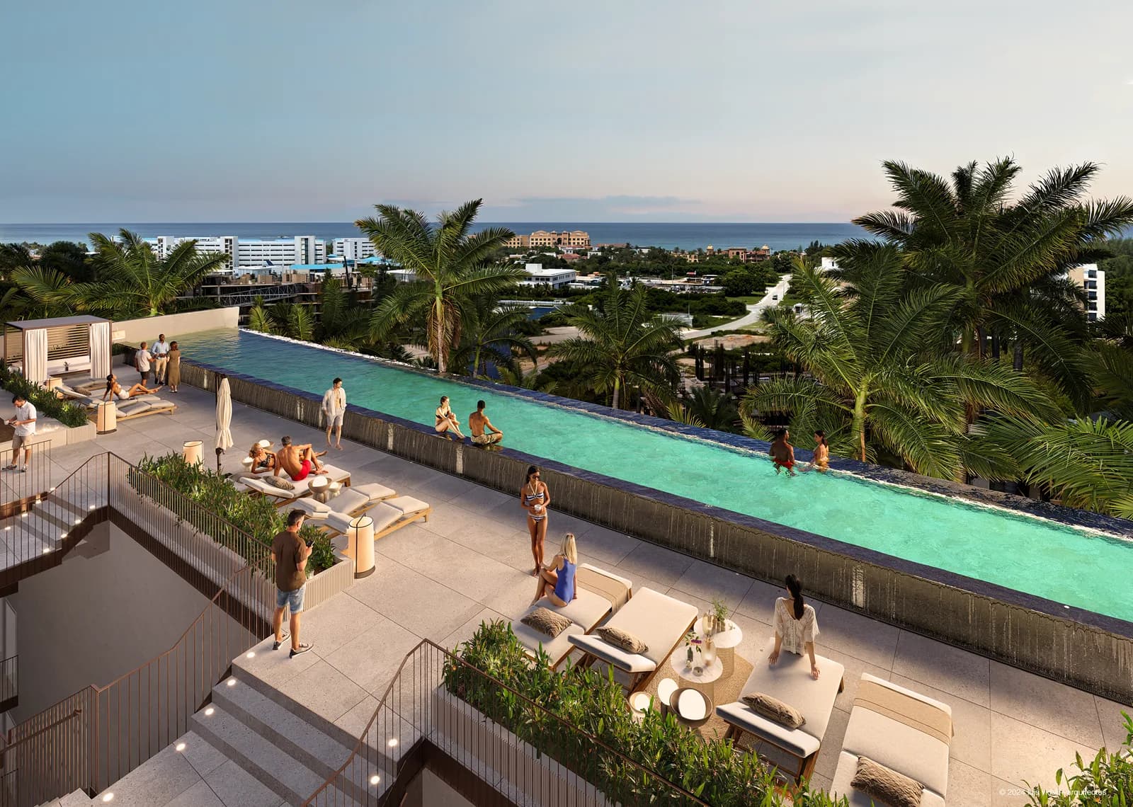 Piscina infinita en la azotea, con camastros y vista al mar