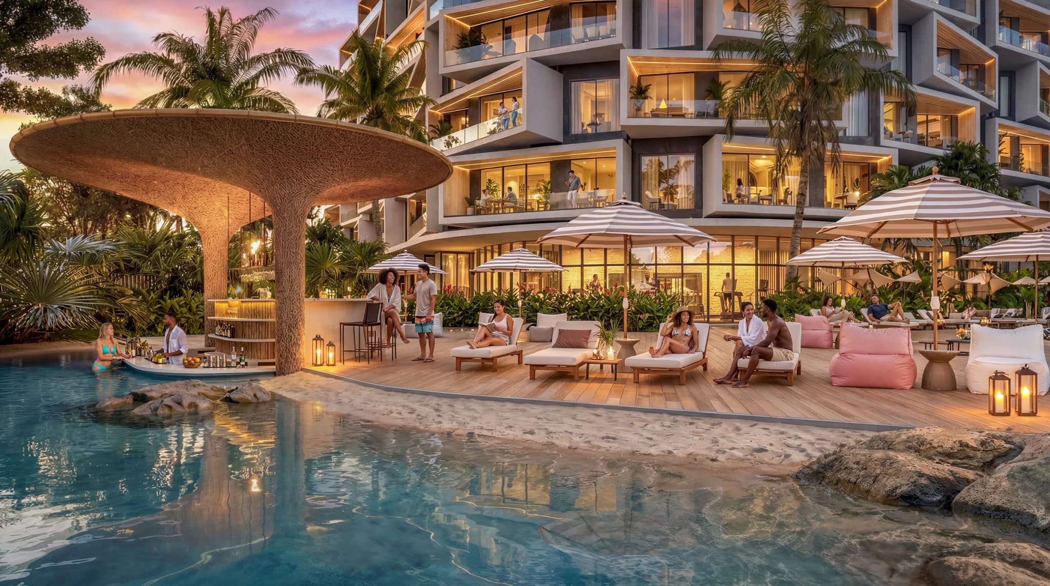 Bar en la piscina al atardecer, bajo una cubierta en forma de hongo