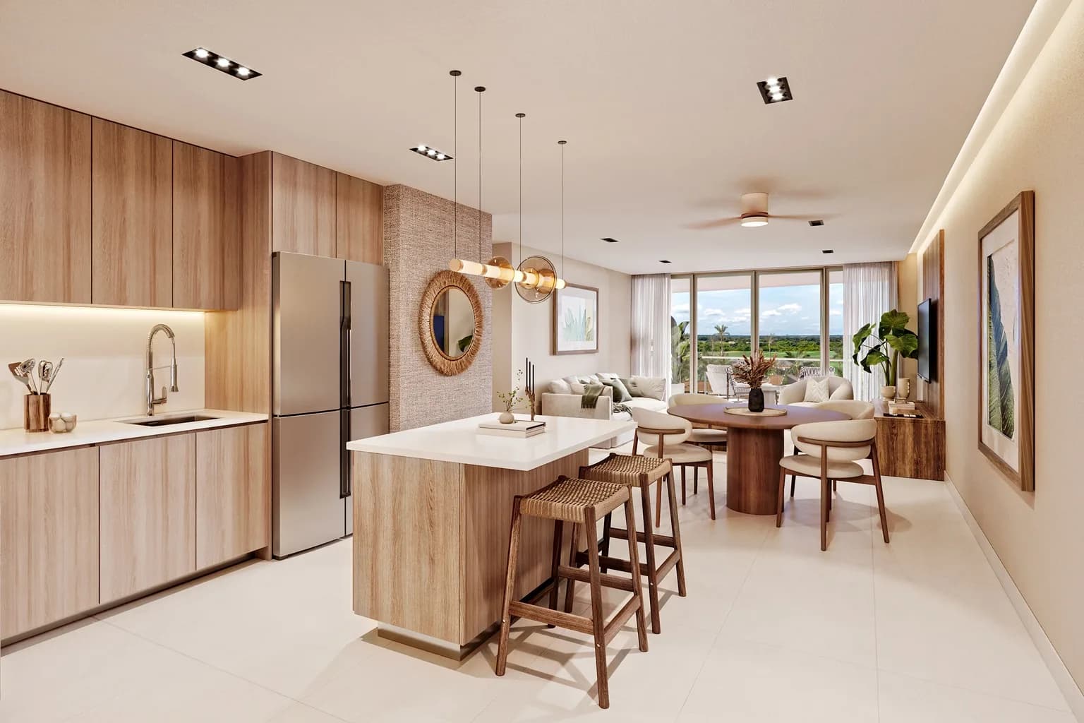Cocina con isla y comedor de un apartamento