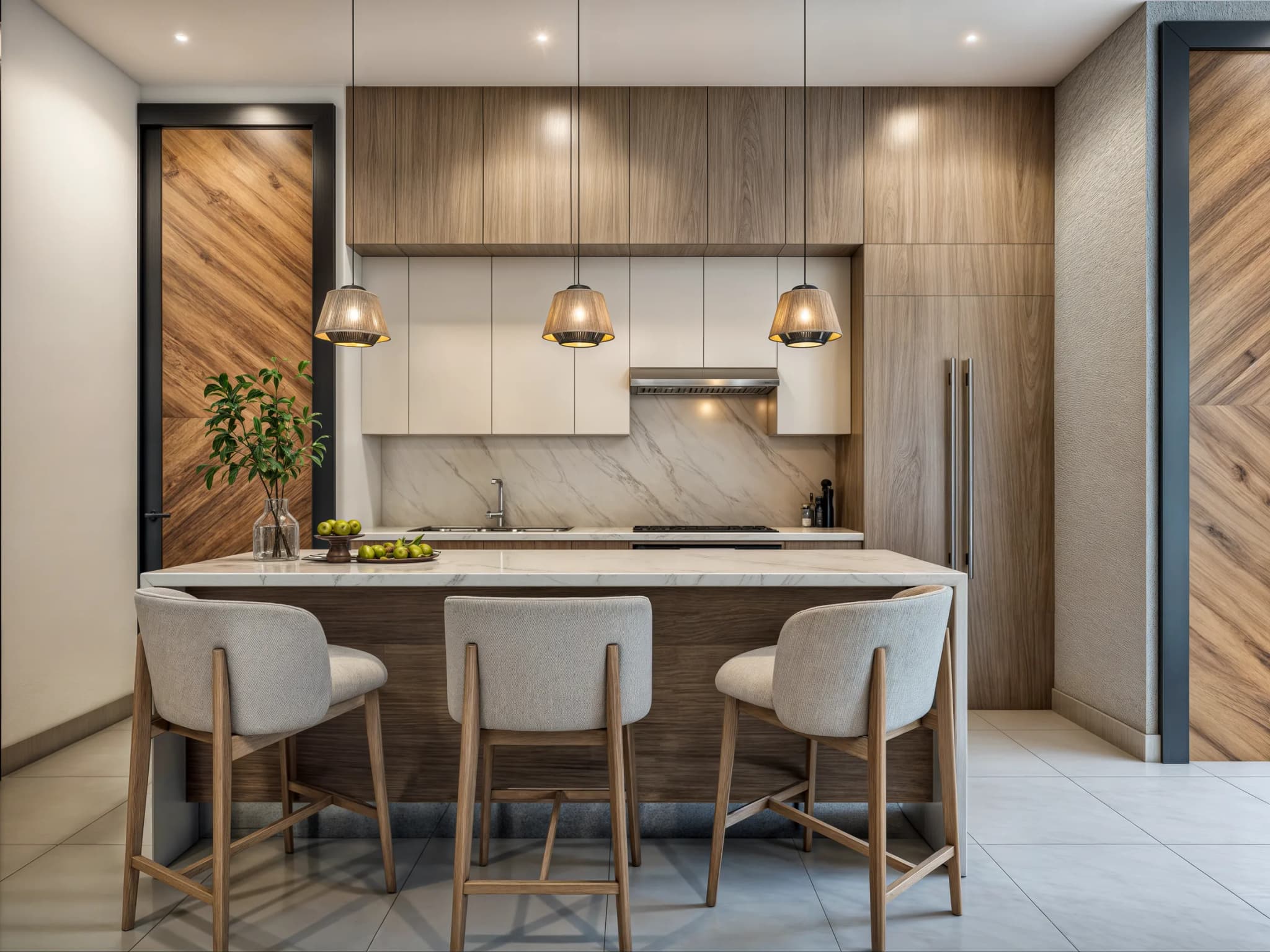 Cocina con isla y taburetes de un apartamento Tipo A