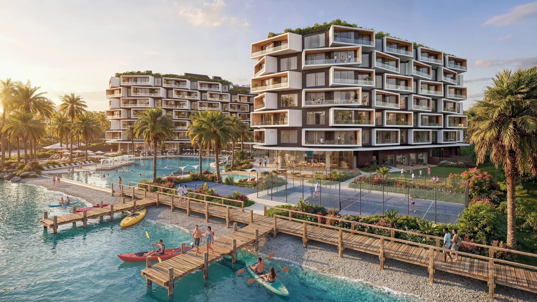 Muelle de madera sobre el lago, con kayaks y los edificios detrás