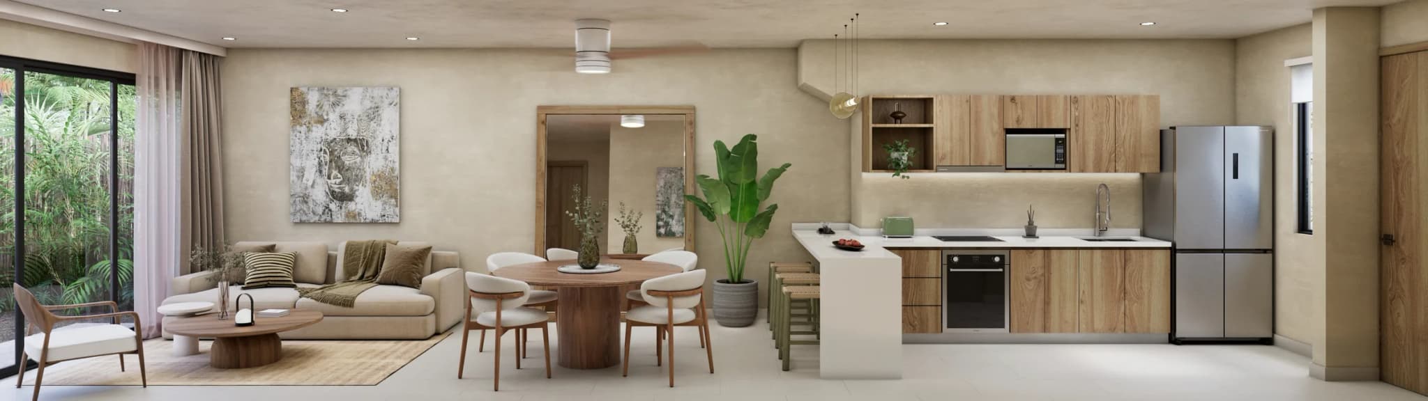 Open-plan living room, dining area and kitchen of a Duplex Garden, with glass doors to the garden