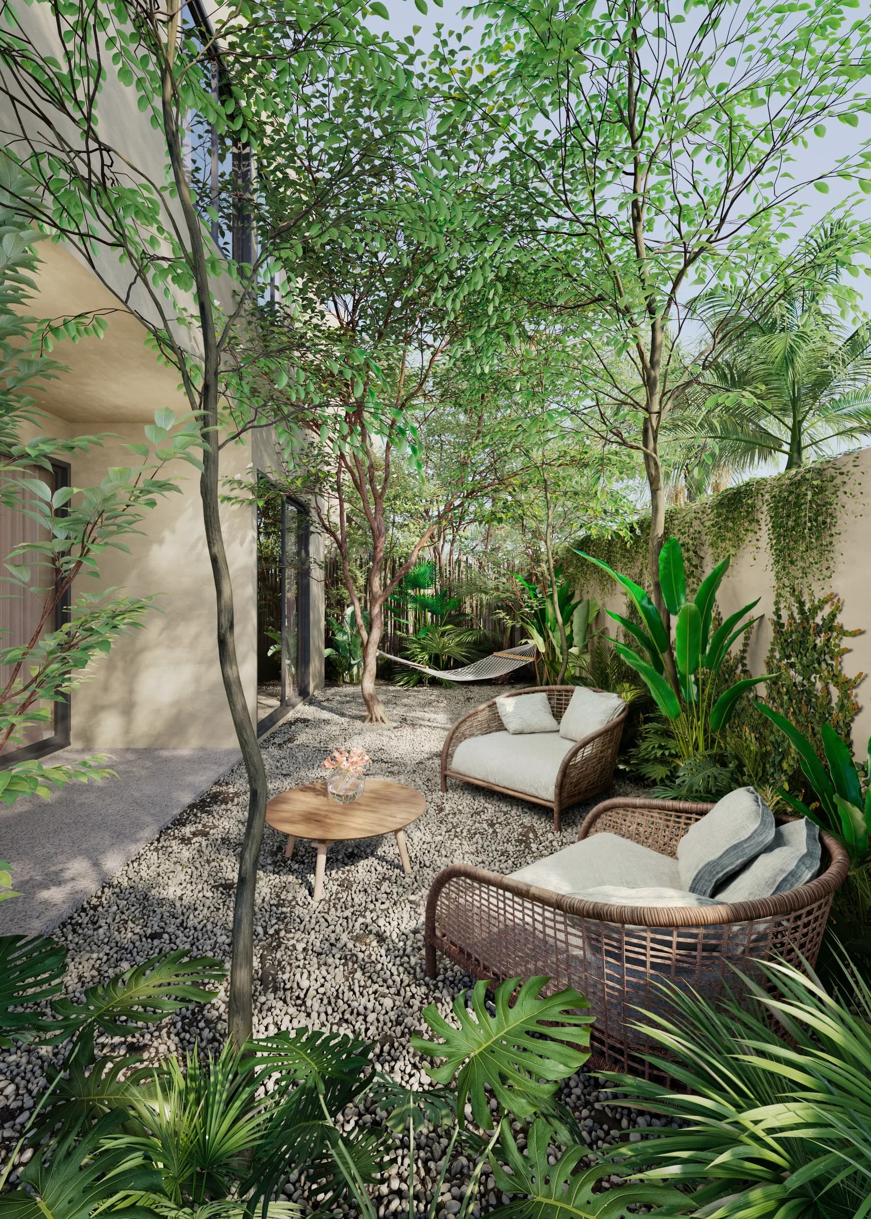 Private garden of a Duplex Garden, with armchairs, a coffee table and a hammock among the trees