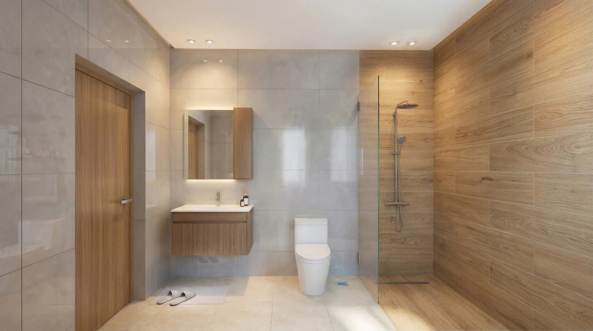 Baño con ducha de cristal y revestimientos en tono madera y piedra