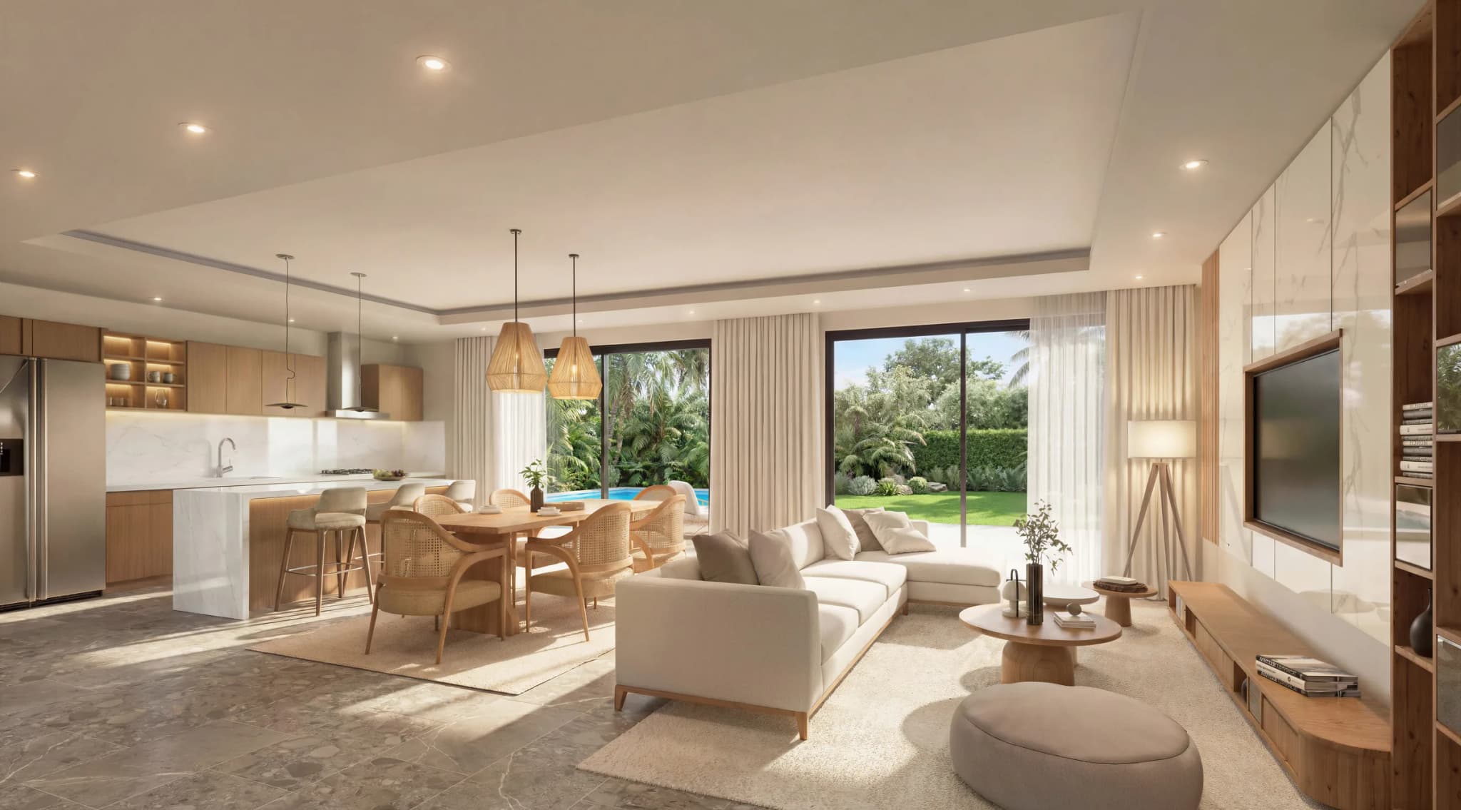 Sala, comedor y cocina abiertos, con ventanales hacia la piscina y el jardín