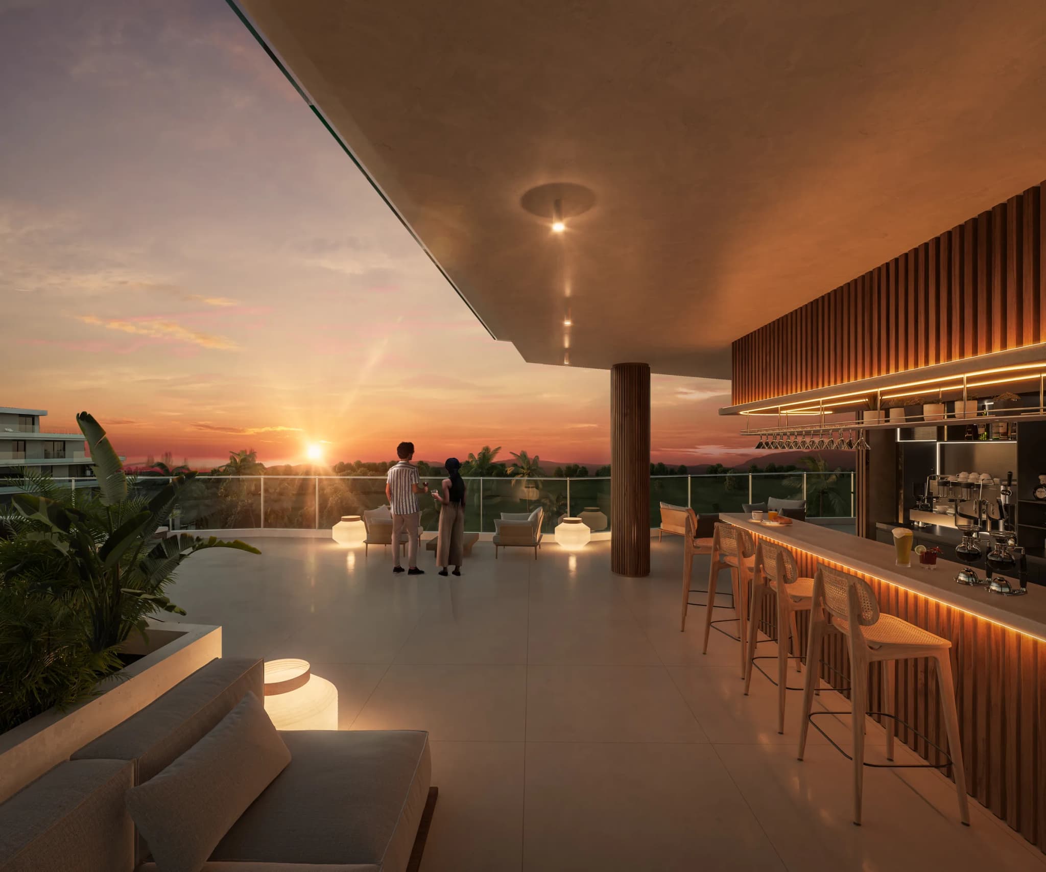 Bar del rooftop al atardecer
