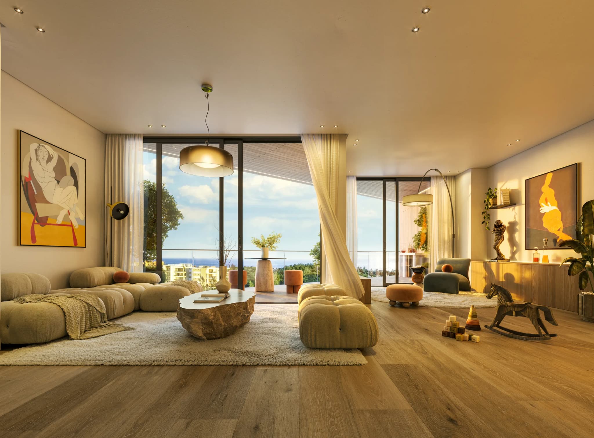 Render de interior de 2 habitaciones en Makai