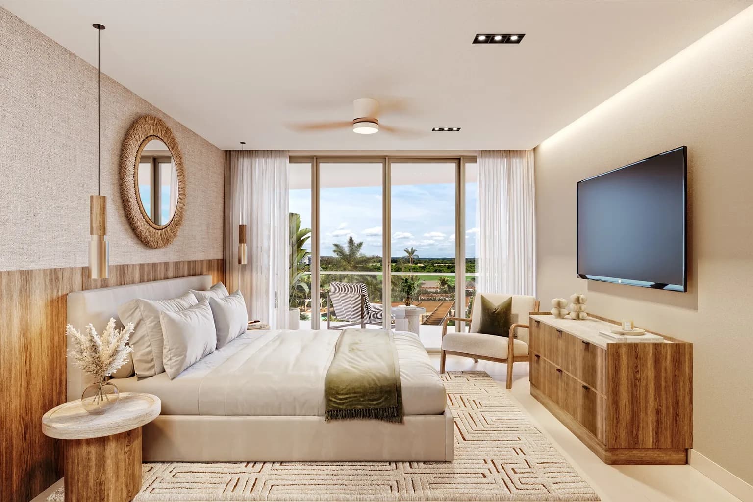 Habitación principal con ventanal hacia la terraza