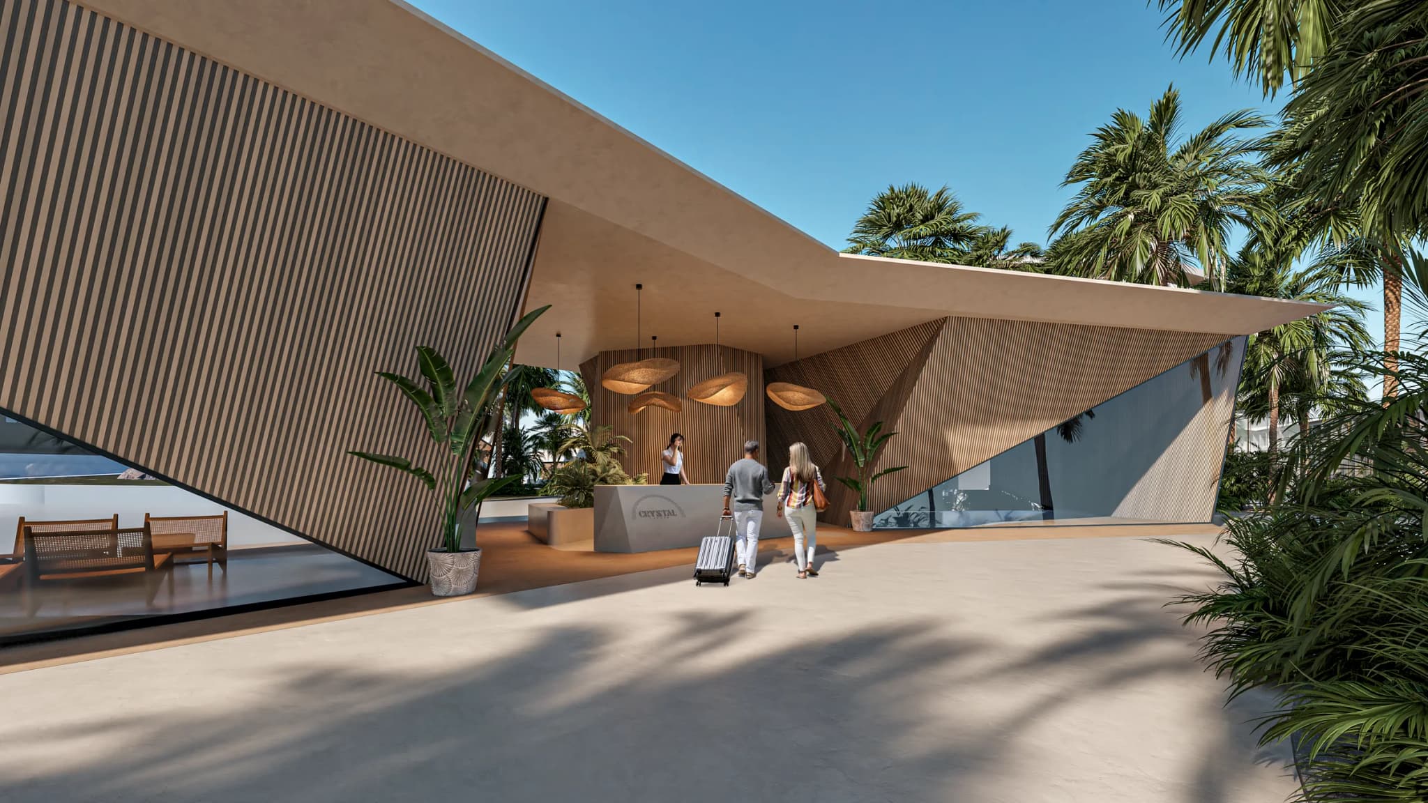 Acceso al lobby bajo una cubierta de madera inclinada