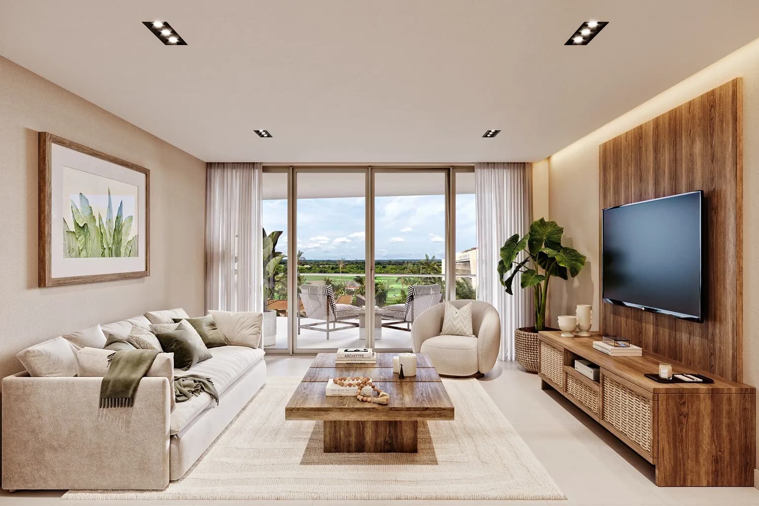 Sala de un apartamento de dos habitaciones, abierta a la terraza