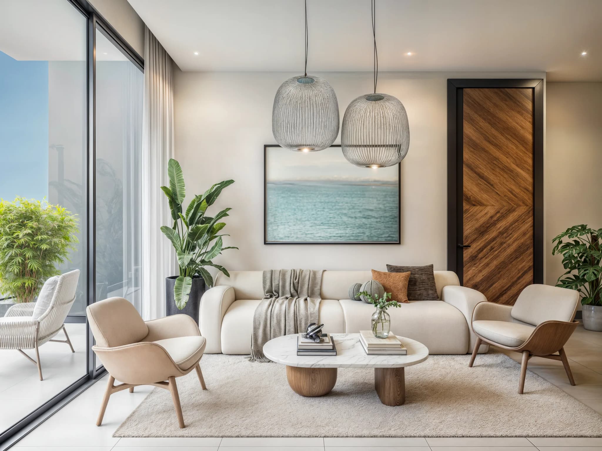 Sala de un apartamento Tipo A, con ventanal hacia la terraza