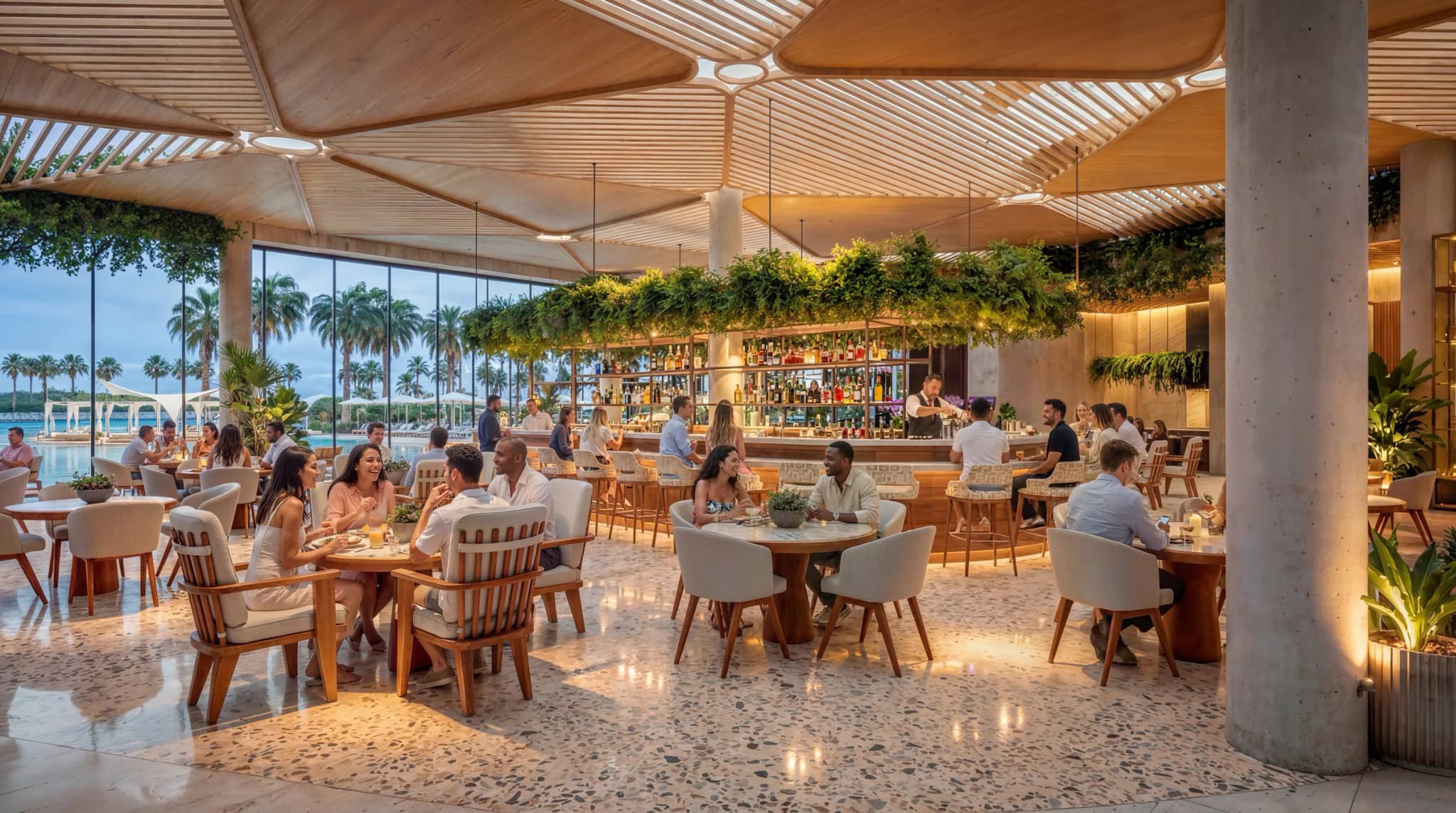 Restaurante con techo de madera abierto al exterior