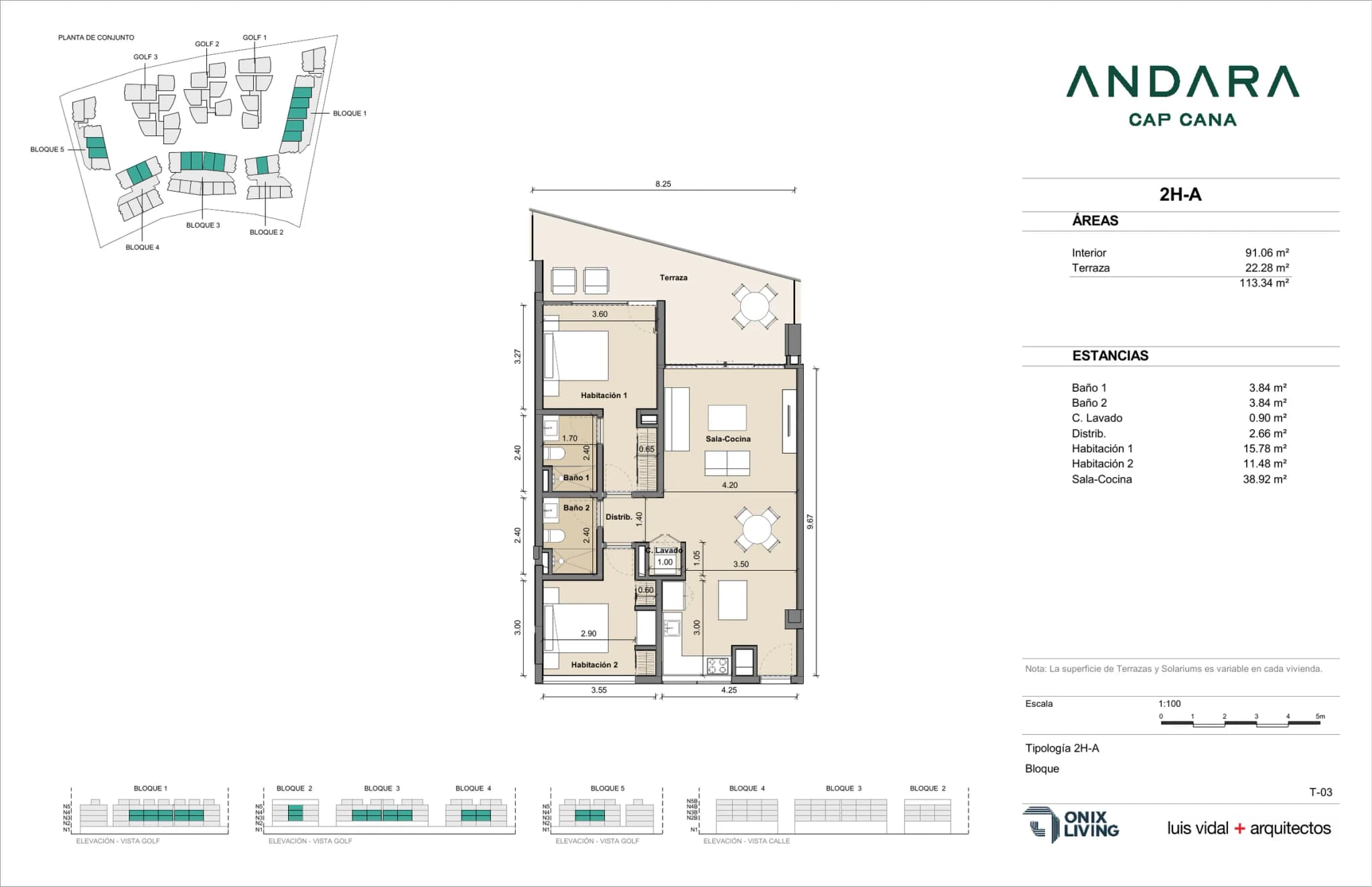 Plano tipo de 2 Dormitorios · 2H-A en Andara