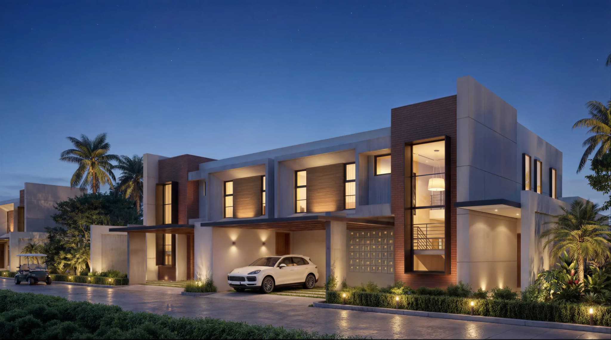 Las villas iluminadas al anochecer, con un carrito de golf en la entrada