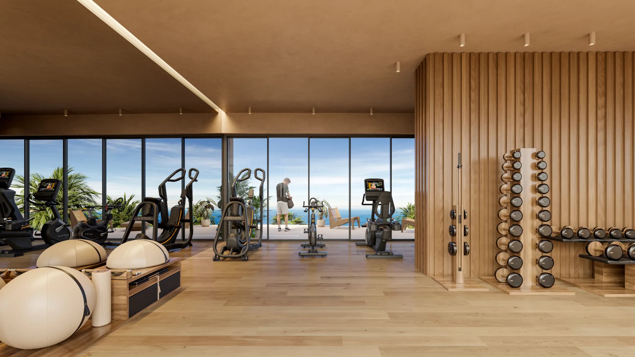 Gimnasio con ventanales hacia el exterior